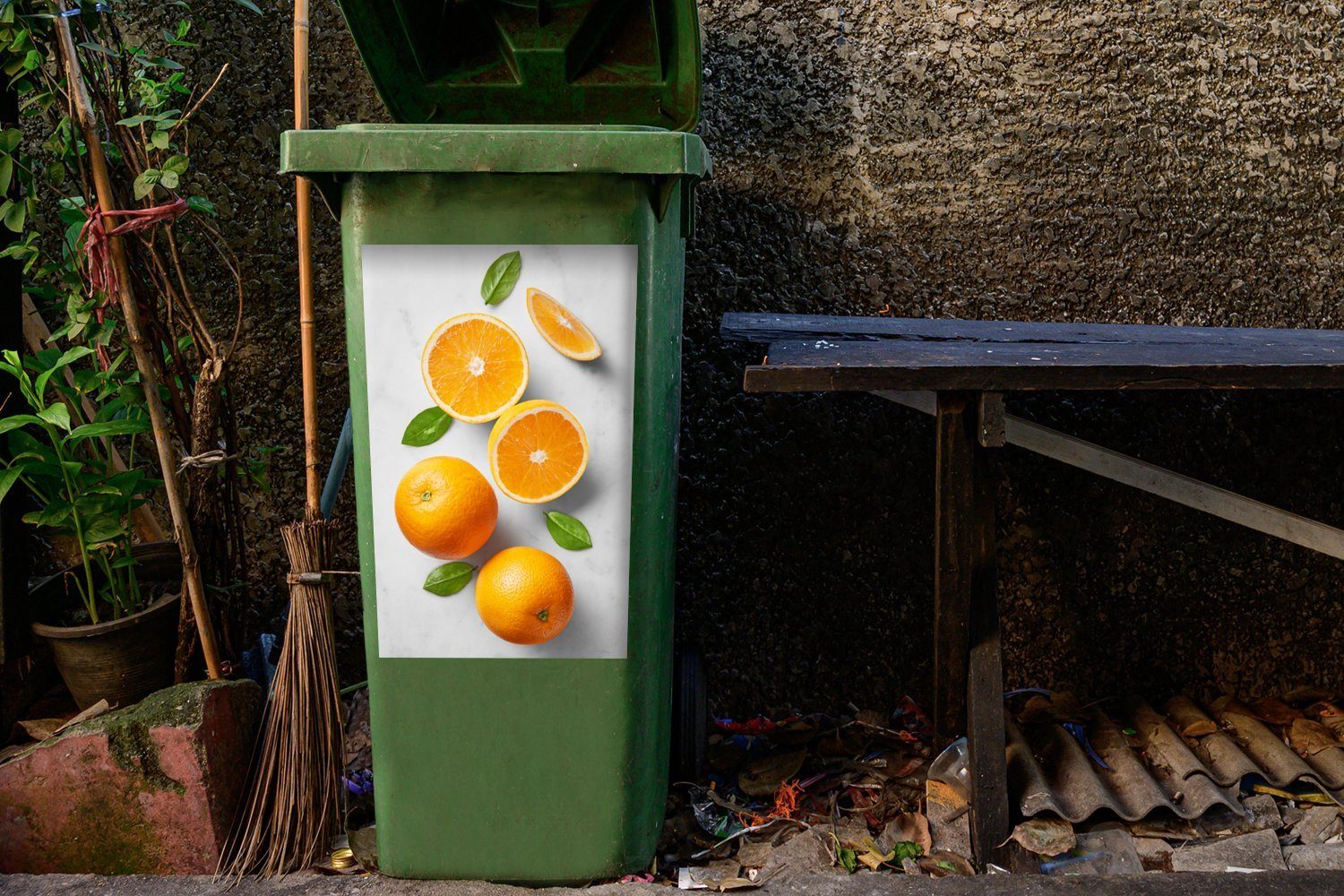 Orange MuchoWow St), Sticker, Wandsticker - Mülleimer-aufkleber, - (1 Abfalbehälter Marmor Mülltonne, Obst Container,