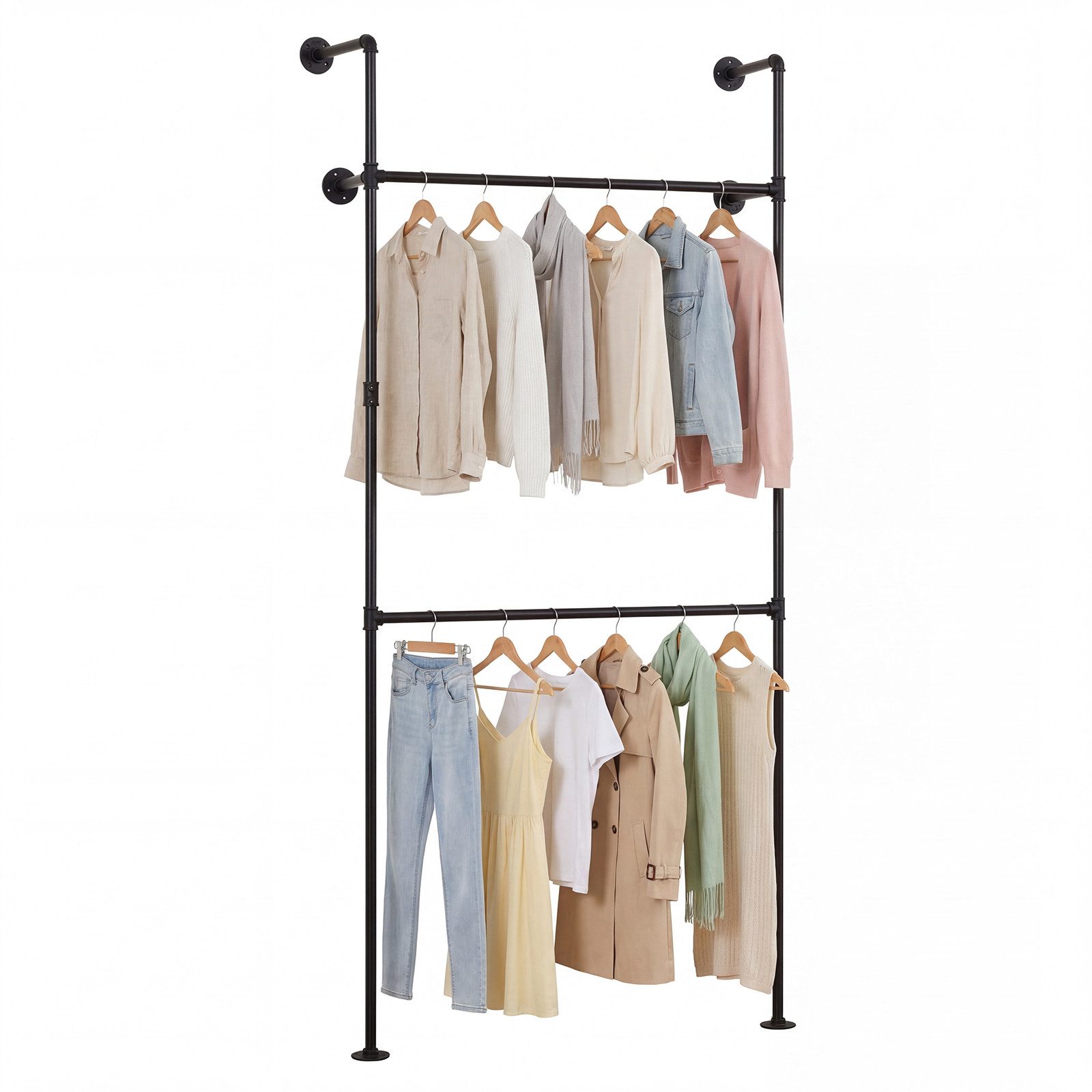 COSTWAY Kleiderständer Wandmontage Metall Garderobenstange mit 2 Stangen, 106x32x227cm