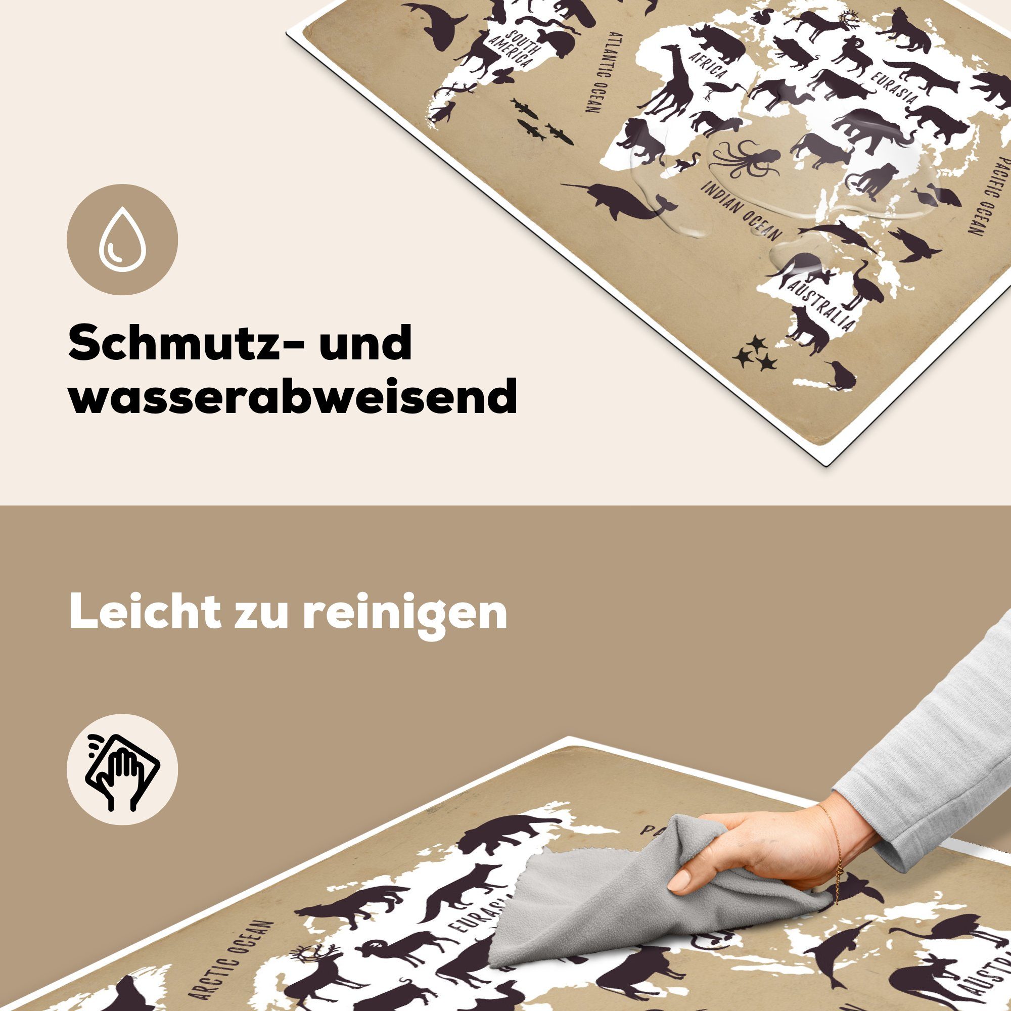 (1 - für Weltkarte Sepia Herdblende-/Abdeckplatte küche, MuchoWow Schutz Vinyl, - tlg), Tiere, cm, Ceranfeldabdeckung 81x52 die Induktionskochfeld