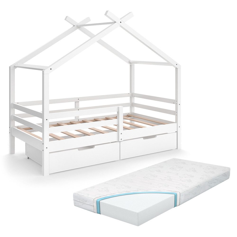 VitaliSpa® Hausbett Luni, Weiß, 160 x 80 cm mit Aufbewahrungskästen und Matratze (2-tlg)