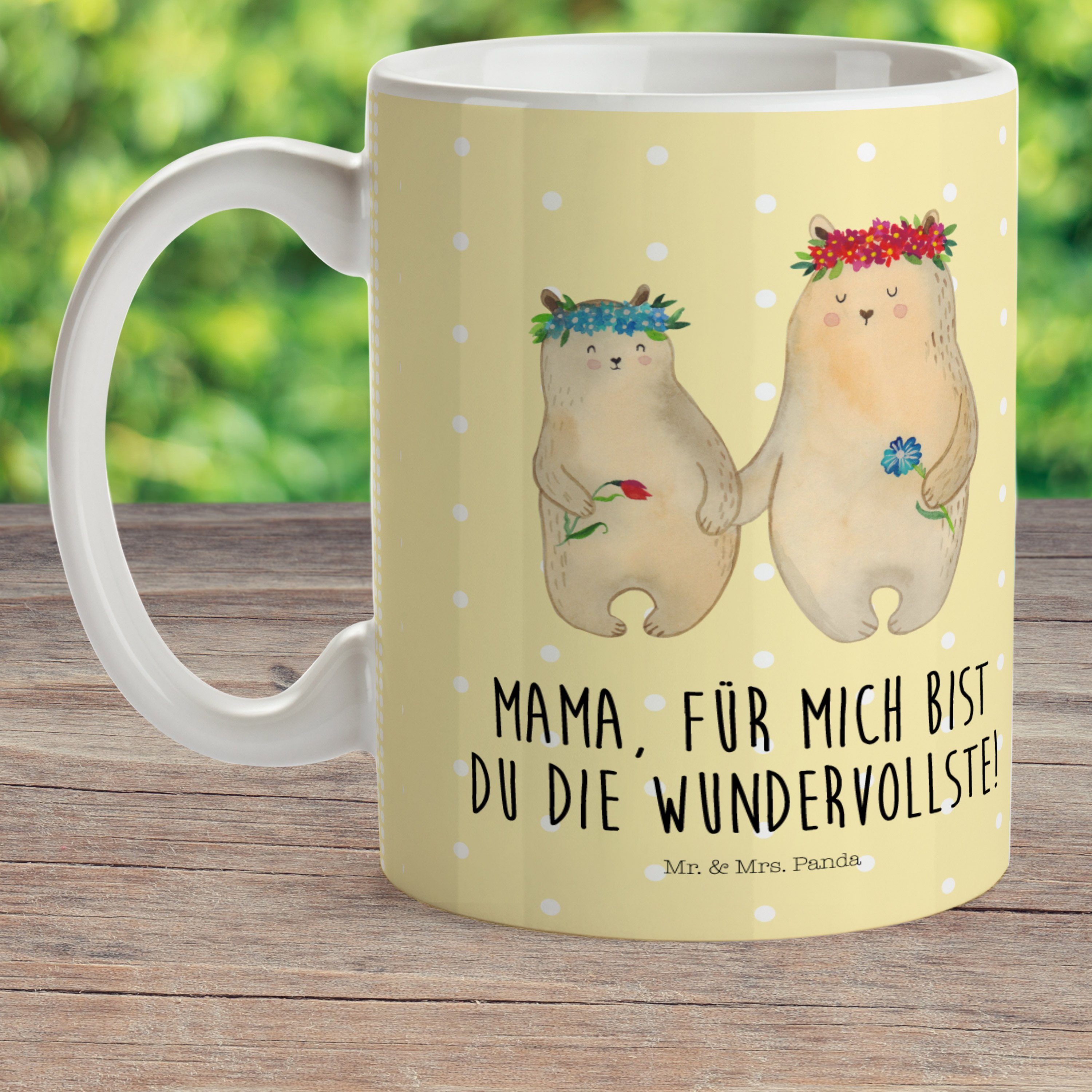 Mrs. Mr. mit Panda Liebling, Bären Reisetasse, Kunststoff - Pastell Geschenk, Kinderbecher - & Blumenkranz Gelb