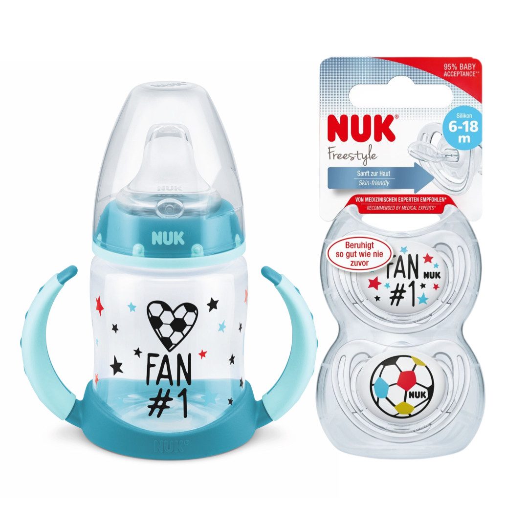 Babyflasche NUK BabySchnuller 6-18 M+Trinklernflasche+Schnullerkette Vorteilset