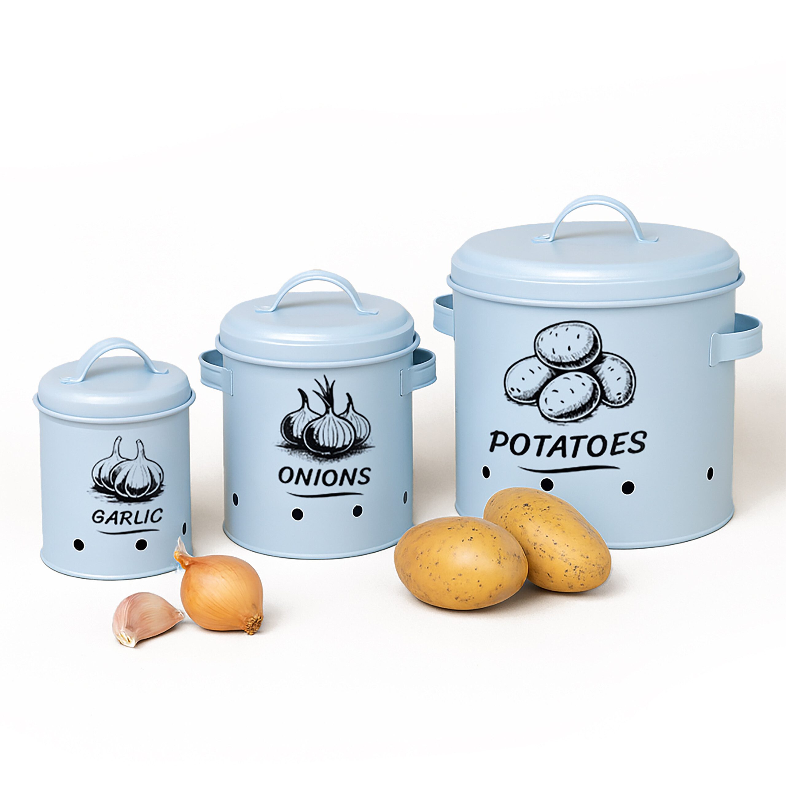 relaxdays Vorratsdose Kartoffel Aufbewahrungsbox 3er Set, Stahl, (3-tlg), Hellblau
