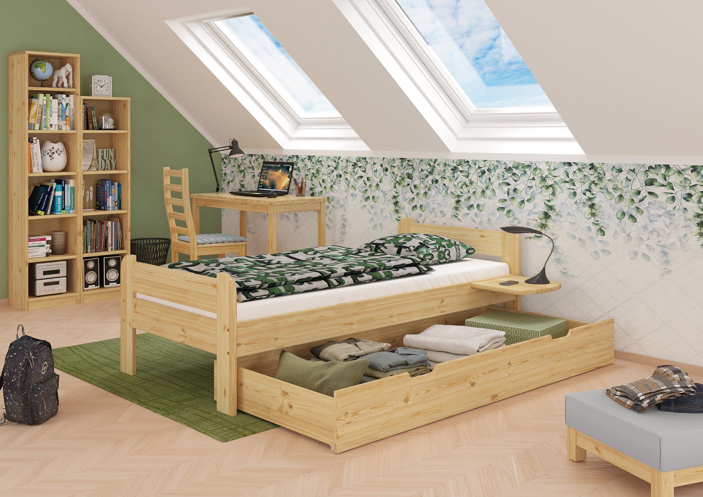 Bett Fußteil Einzelbett mit Kopf- lackiert Kiefer Kieferfarblos 90x200 mit Federleisten, und ERST-HOLZ