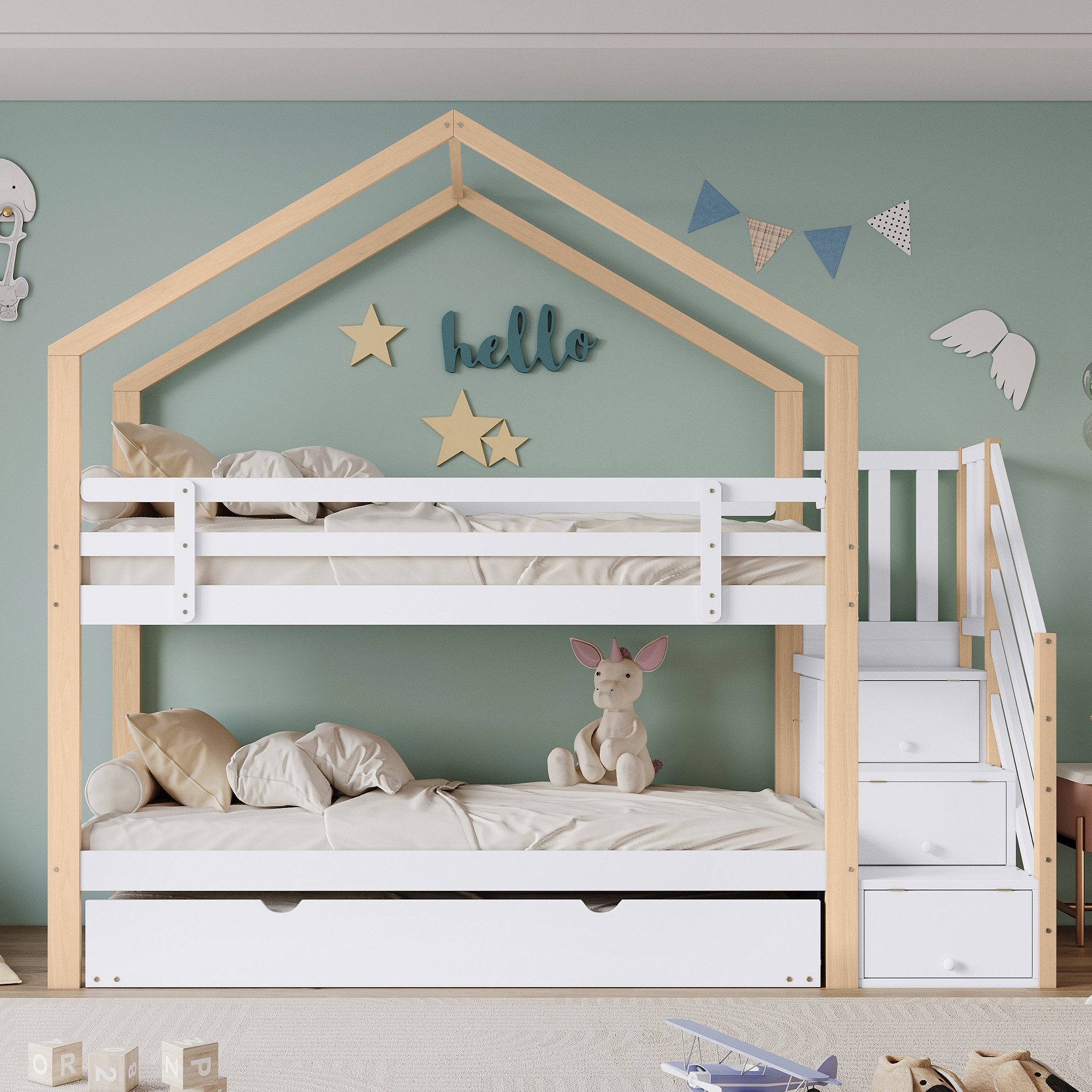 Flieks Etagenbett, Kinderbett 90x200cm mit Stauraumtreppe und Unterbett 90x günstig online kaufen
