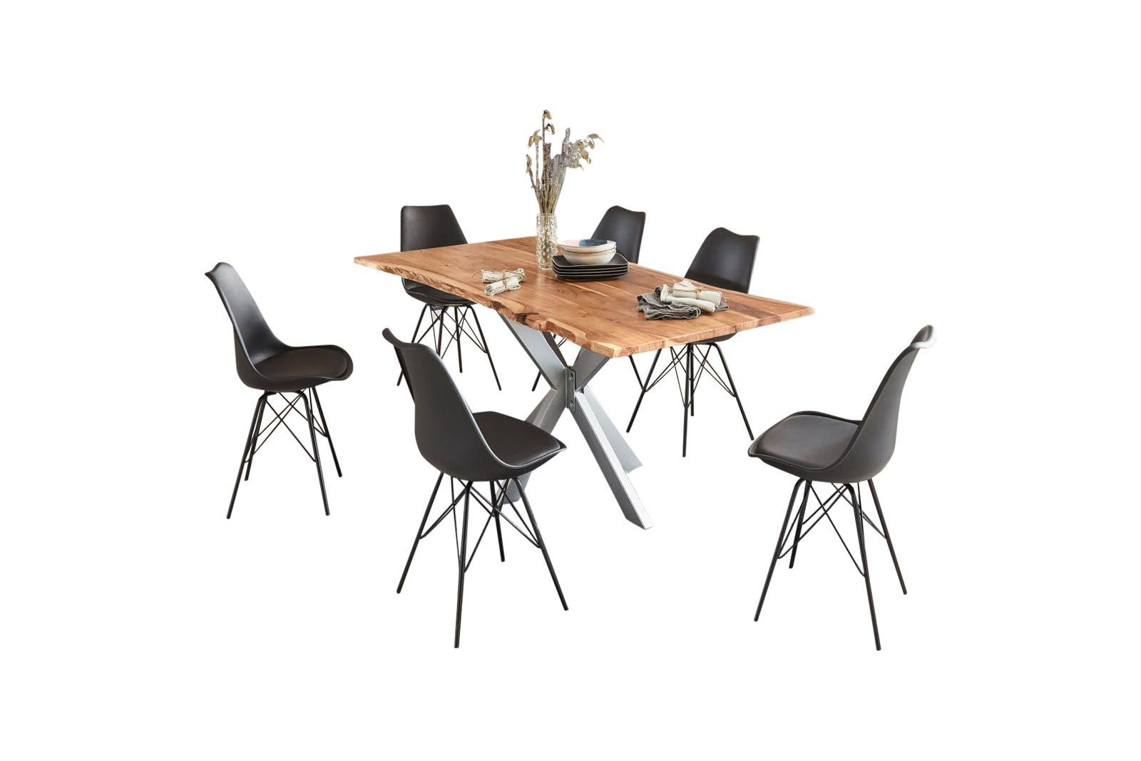 SAM® Essgruppe Harbor, Akazienholz, Baumkante Spider-Form 6 Metallgestell + massiv, Stühle