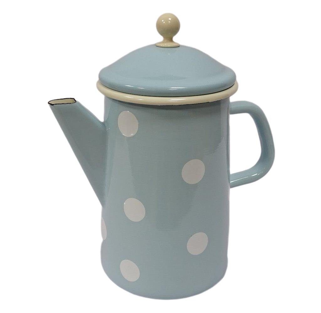 Linoows Kanne Emaille Kaffeekanne, Deckelkanne, Henkelkanne, 1,6 l, (Set), Nostalgie Kaffeekanne Hellblau mit weißen Tupfen 1,6 Liter