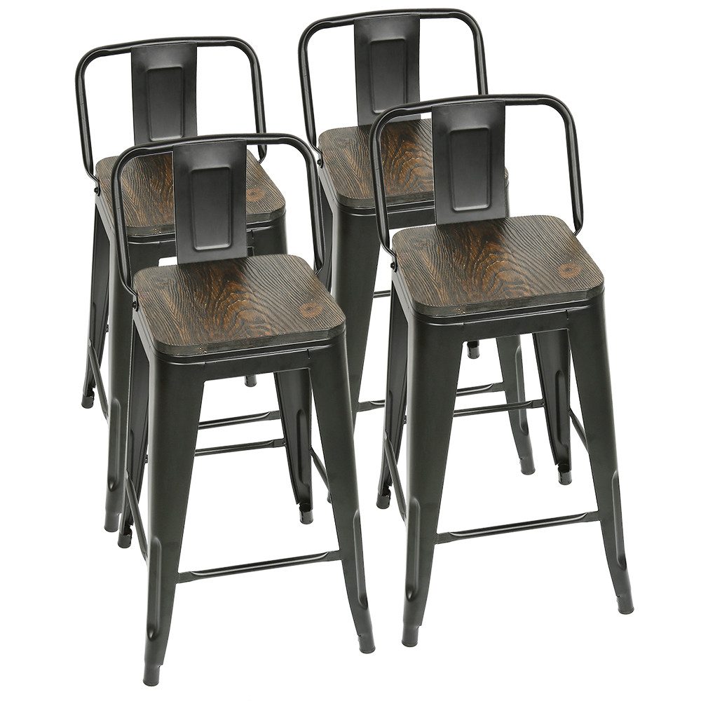 JEOBEST Barhocker Stapelbar Metall Bistrohocker, Barstühle Küchenstühle, mit Rückenlehne, (4er Set.,mit Fußstütze,Stizfläche aus Holz,Stapelbar) Industry-Design