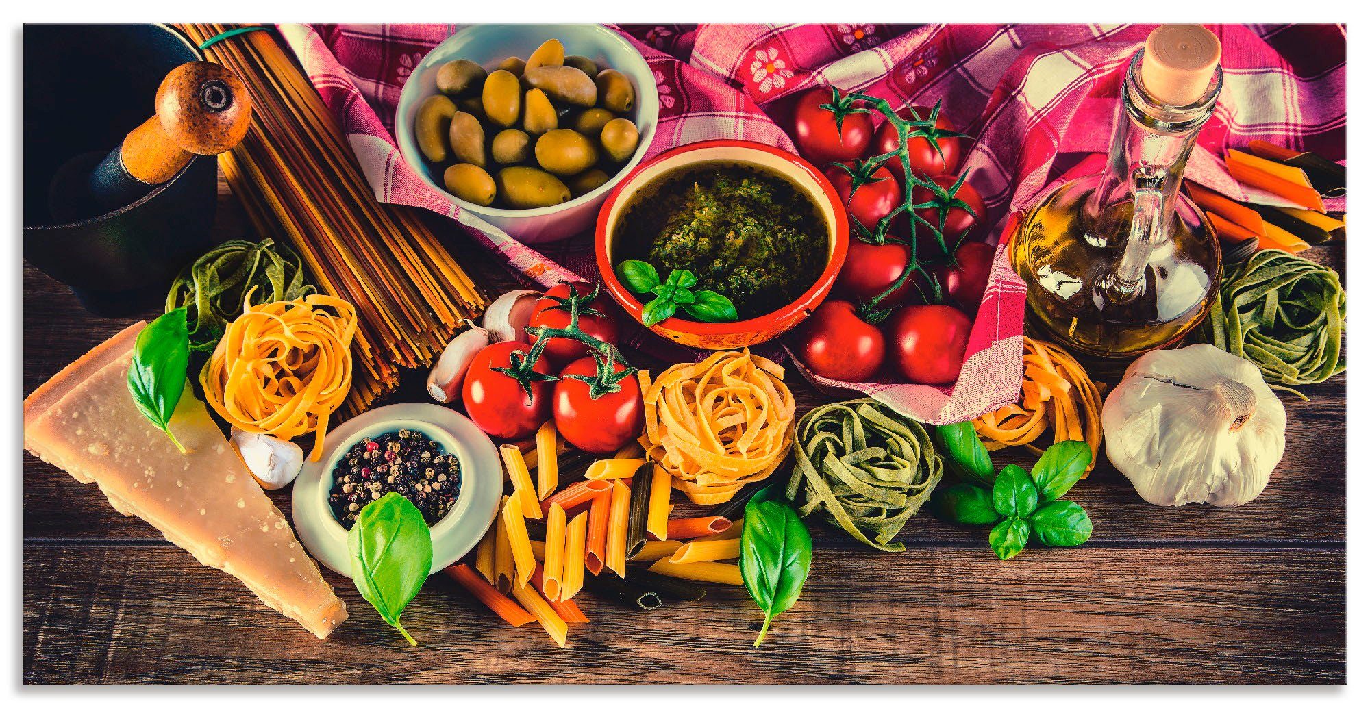 Artland Leinwandbild Italienisch mediterrane Lebensmittel, Lebensmittel (1 St), auf Holzrahmen gespannt
