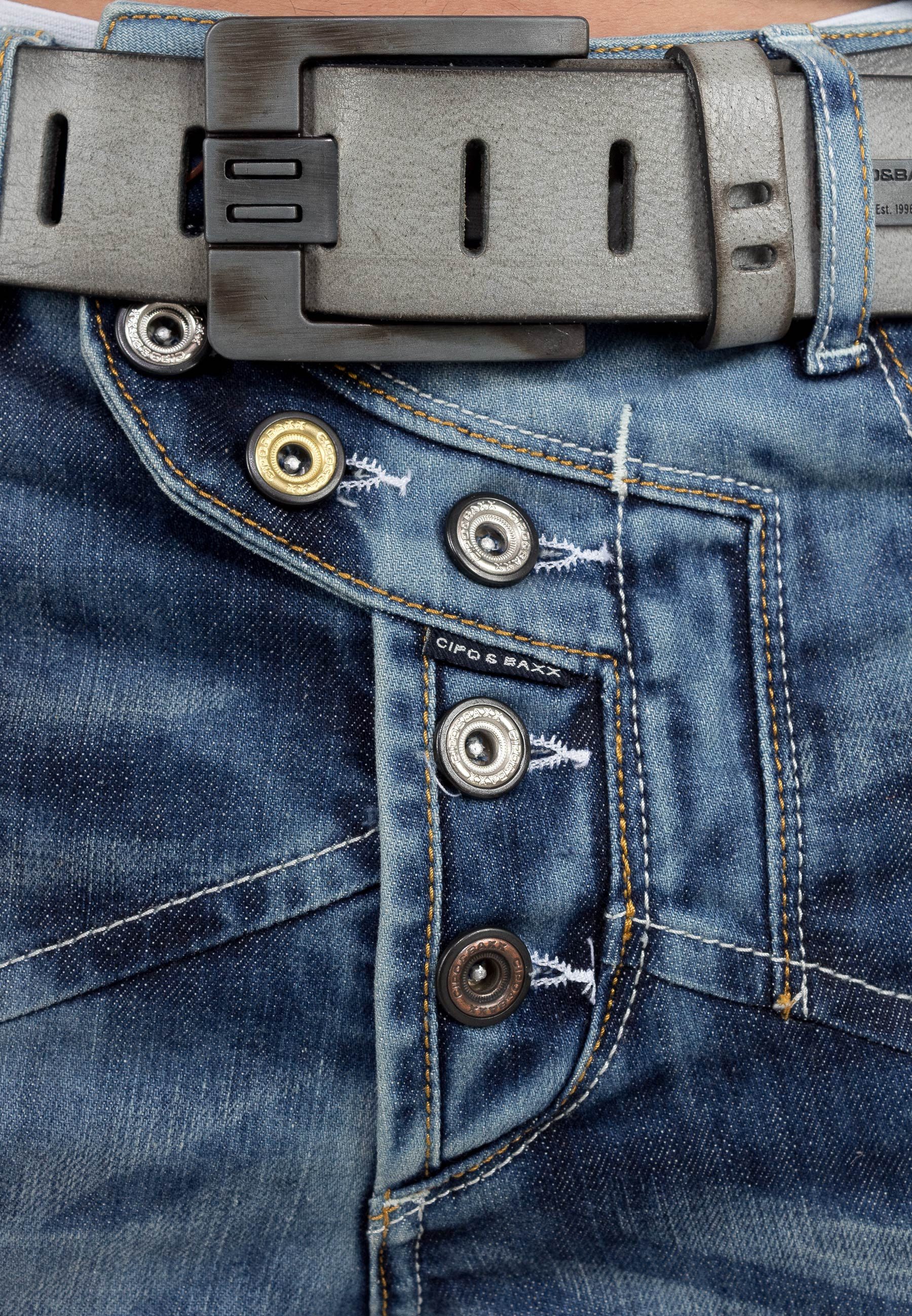 Cipo & Baxx Regular-fit-Jeans Herren Regular Fit Hose Stonewashed BA-CD346 (1-tlg) Ausgefallene Details wie verschiedene Nähte auf den Gesäßtaschen