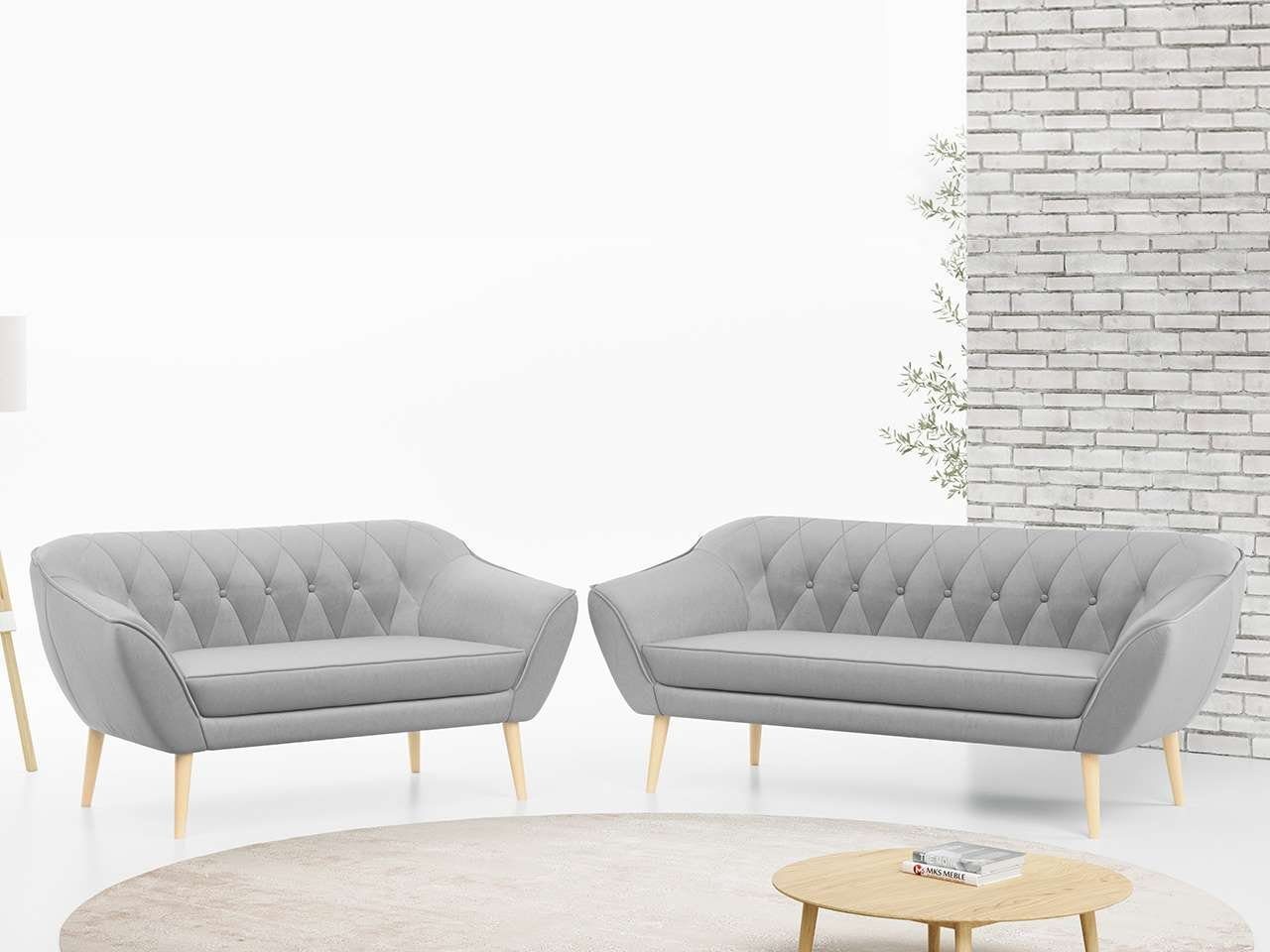 MKS MÖBEL Sofa PIRS 3 2, Skandinavischer Stil, Gesteppte Polsterung, Moderne Sofa Set 3 + 2 Hellgrau Casablanca