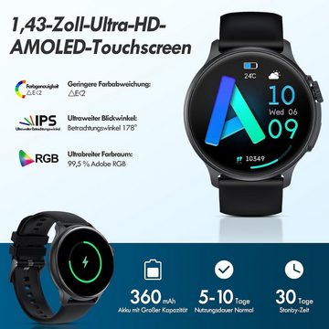 AVUMDA Smartwatch (1,43 Zoll, Android iOS), mit Telefonfunktion AMOLED HD Fitnessuhr Wasserdicht 100+ Sportmodi