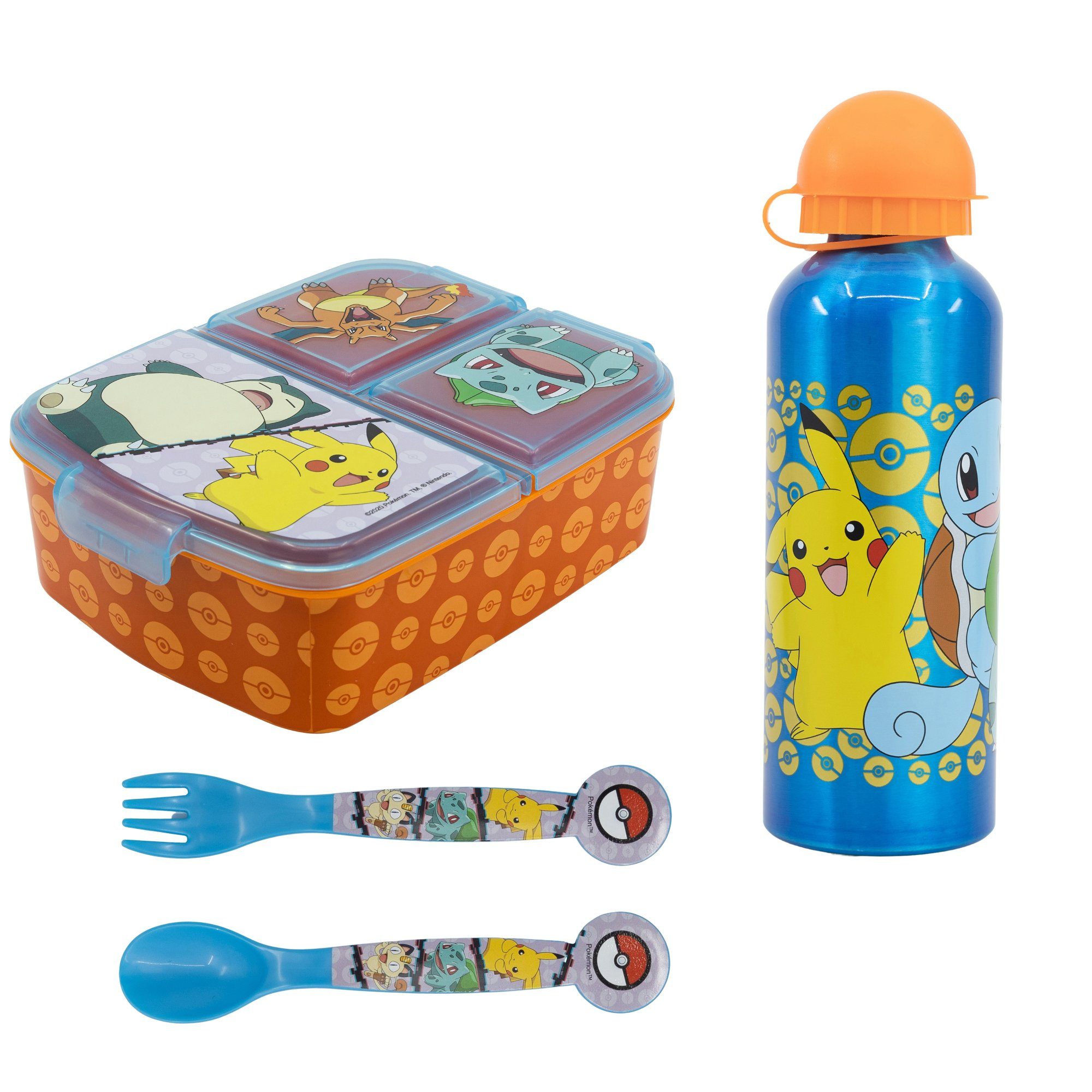POKÉMON Lunchbox Pokemon Pikachu Kinder 4 tlg. Set, (Spar-Set), 3 Kammern Brotdose Gabel Löffel XL Alu-Flasche