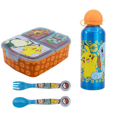 POKÉMON Lunchbox Pokemon Pikachu Kinder 4 tlg. Set, 3 Kammern Brotdose Gabel Löffel XL Alu-Flasche