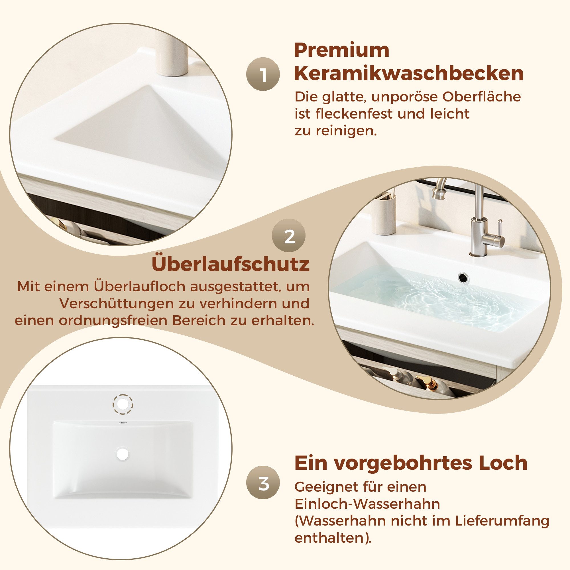 Merax Waschtisch Waschbeckenunterschrank mit Klappschublade inkl. Waschbecken (Badmöbel-Set im Landhausstil Holzoptik, 1-St), Badzimmerschrank mit 2 Rattan Türe – Bild 5 von 5