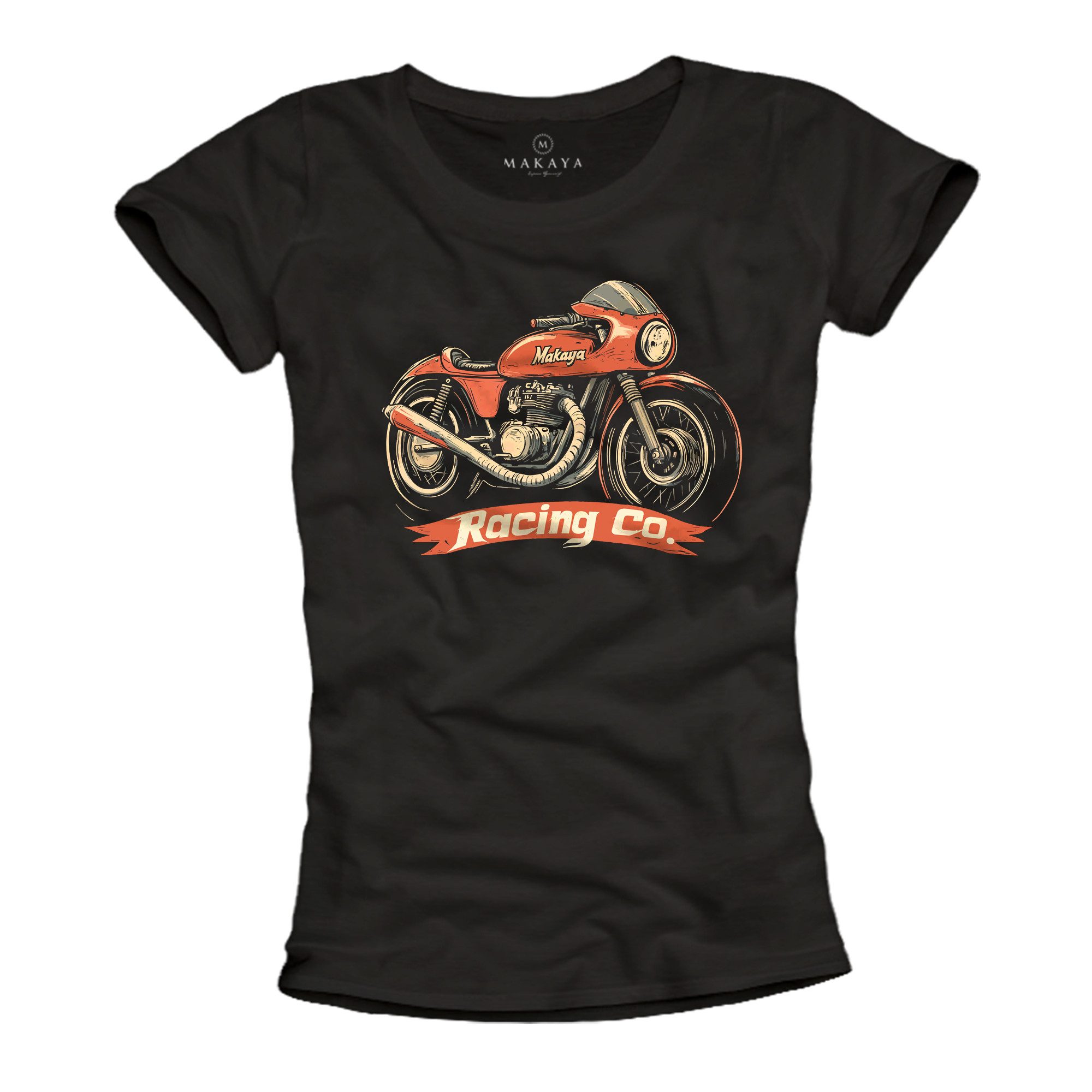 MAKAYA Print-Shirt Vintage Damen Top mit Lady Biker Motiv – Rockiger Racing günstig online kaufen
