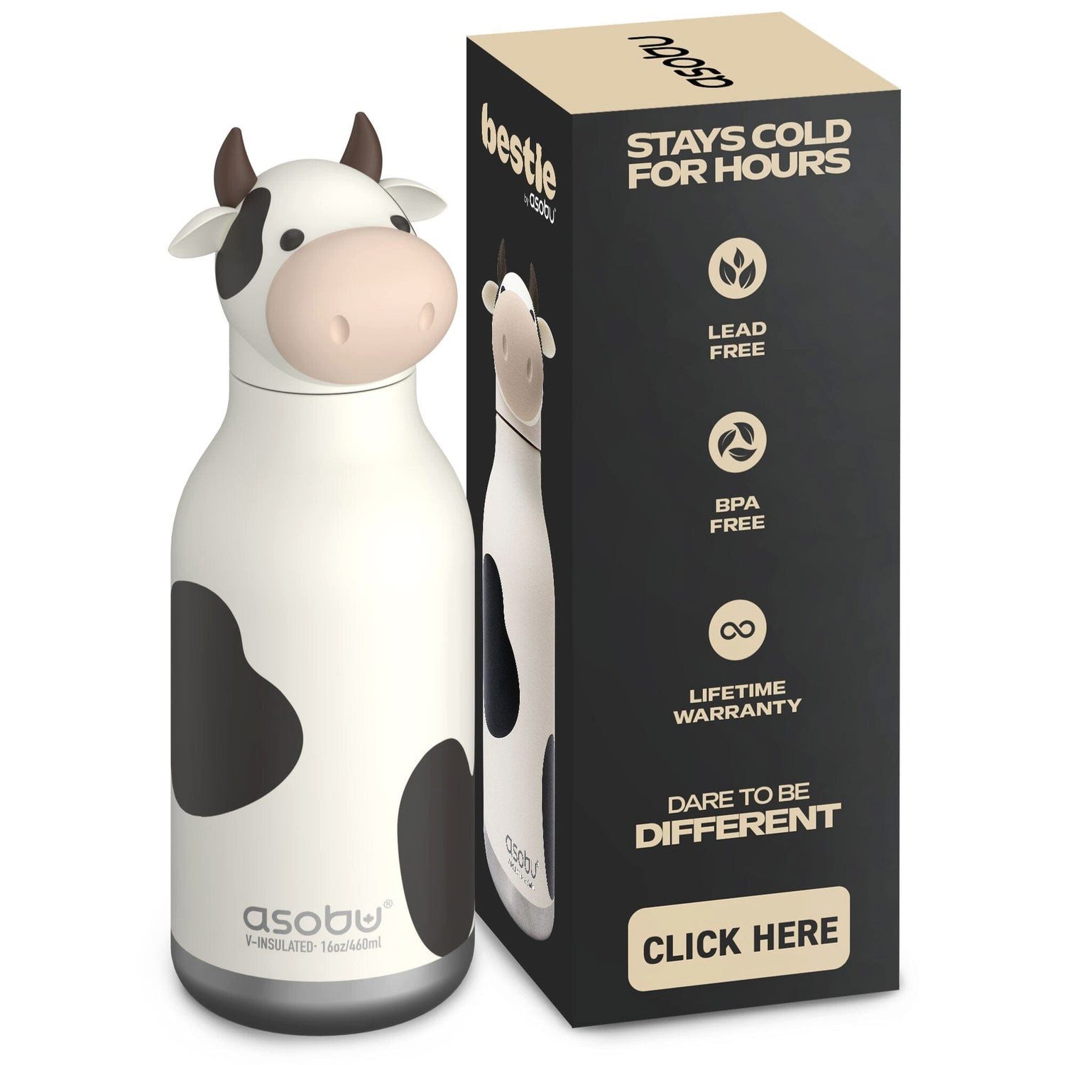 ASOBU Trinkflasche asobu Bestie Bottle Kuh - Willow - Cow – isolierte Kindertrinkflasche
