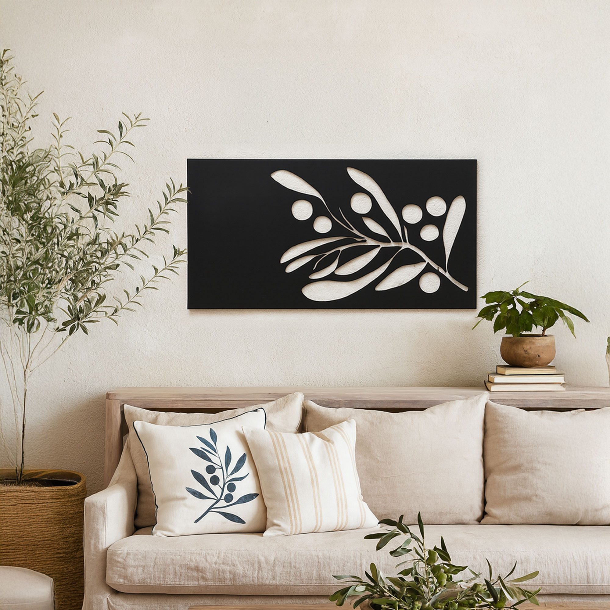 UNUS ELEMENTS Dekohänger Metallbild Olivenzweig (120x60cm), Wanddeko innen außen Aufhängehaken