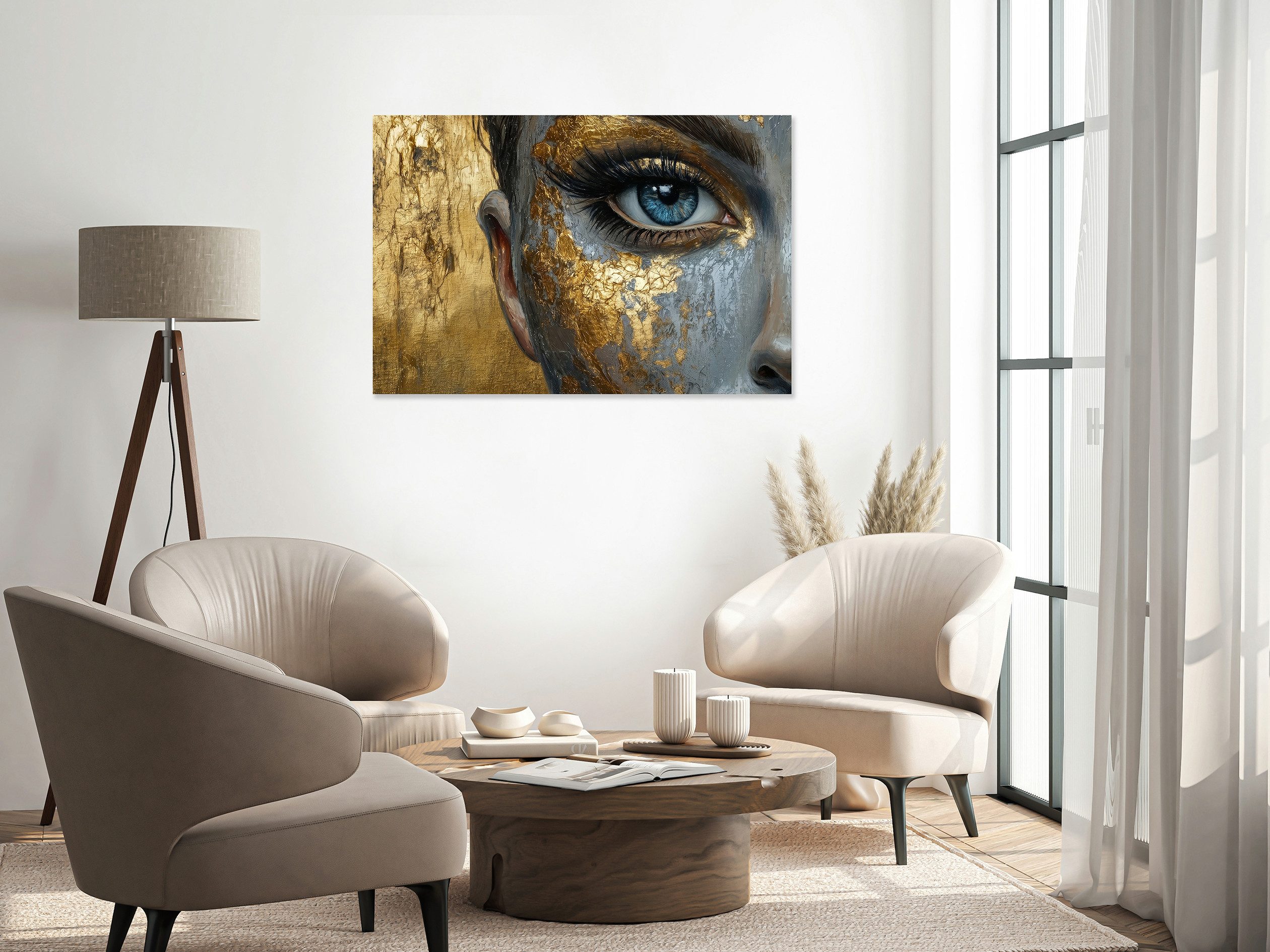 queence Acrylglasbild Wandbild, Goldbild, Bild Detailbild blaues Auge, Abstrakte, Fantasy, Kunst, Handveredelt mit Blattgold für eine edle und zeitlose Optik.