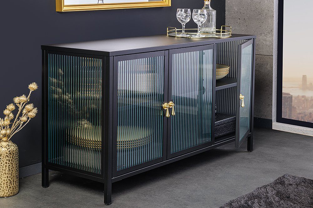 riess-ambiente Sideboard AMSTERDAM 105cm schwarz/gold - Metall, Riffelglas, 3 Türen (Einzelartikel, 1 St), mit verstellbaren Böden & Stauraum – ideal für Wohnzimmer & Esszimmer