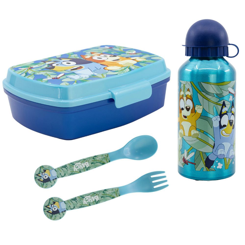 Bluey Lunchbox Disney Bluey Bingo Kinder 4 teiliges Set, Kunststoff, Brotdose Aluminium Trinkflasche Besteck