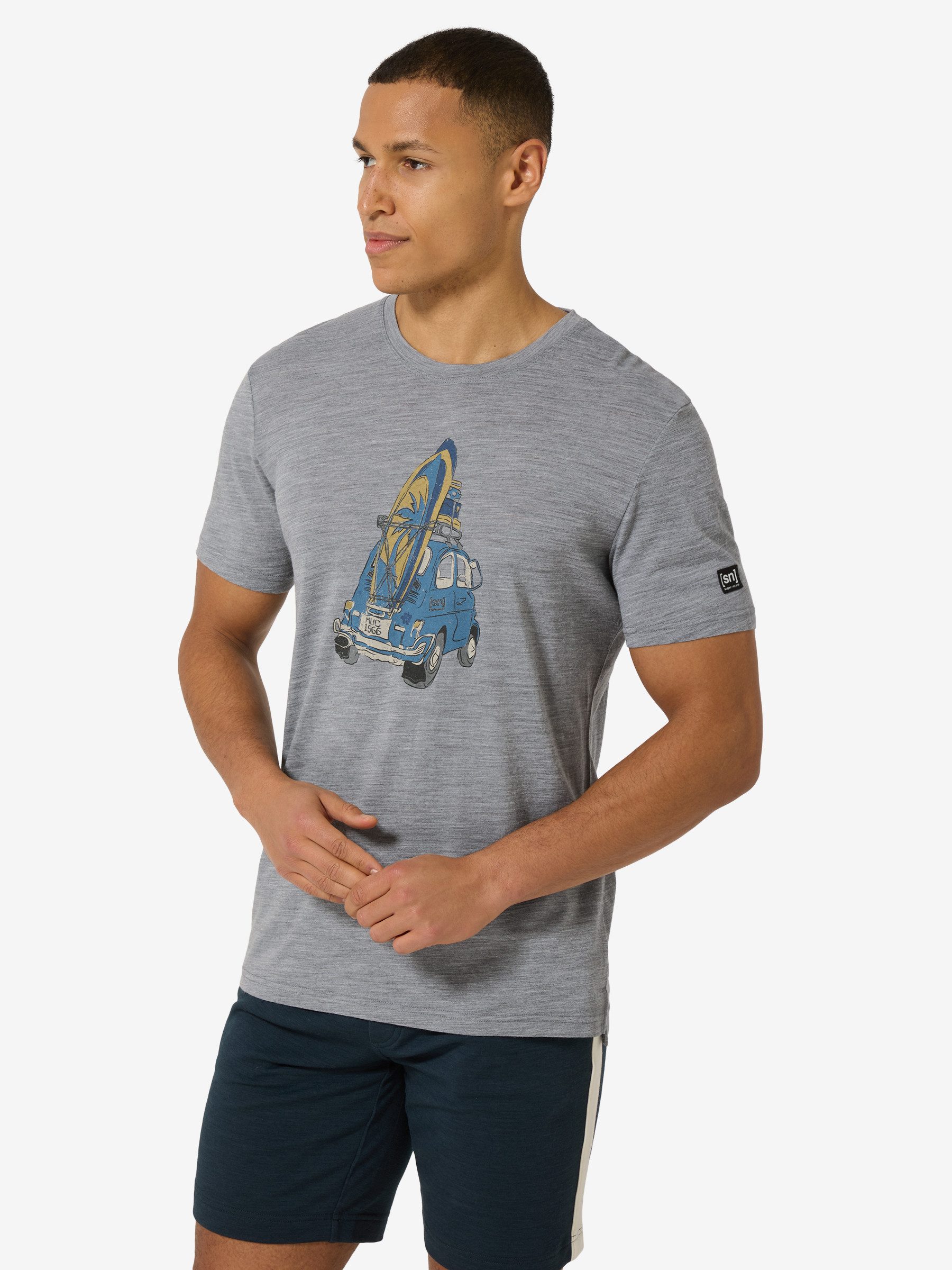 SUPER.NATURAL T-Shirt für Herren,Merino M CAR SURF TEE mit Sommer-Motiv, atmungsaktiv