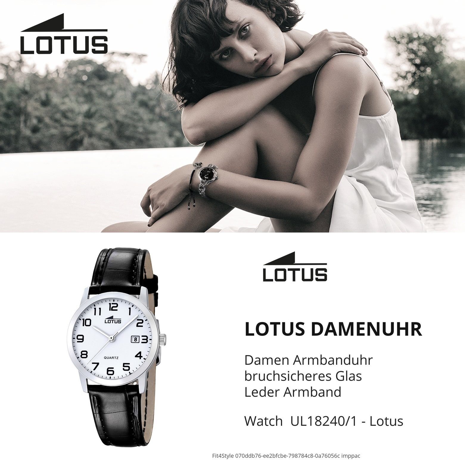 Uhr rund, Quarzuhr Armbanduhr Lotus Damen Lederarmband Damen Leder, Lotus Elegant schwarz L18240/1