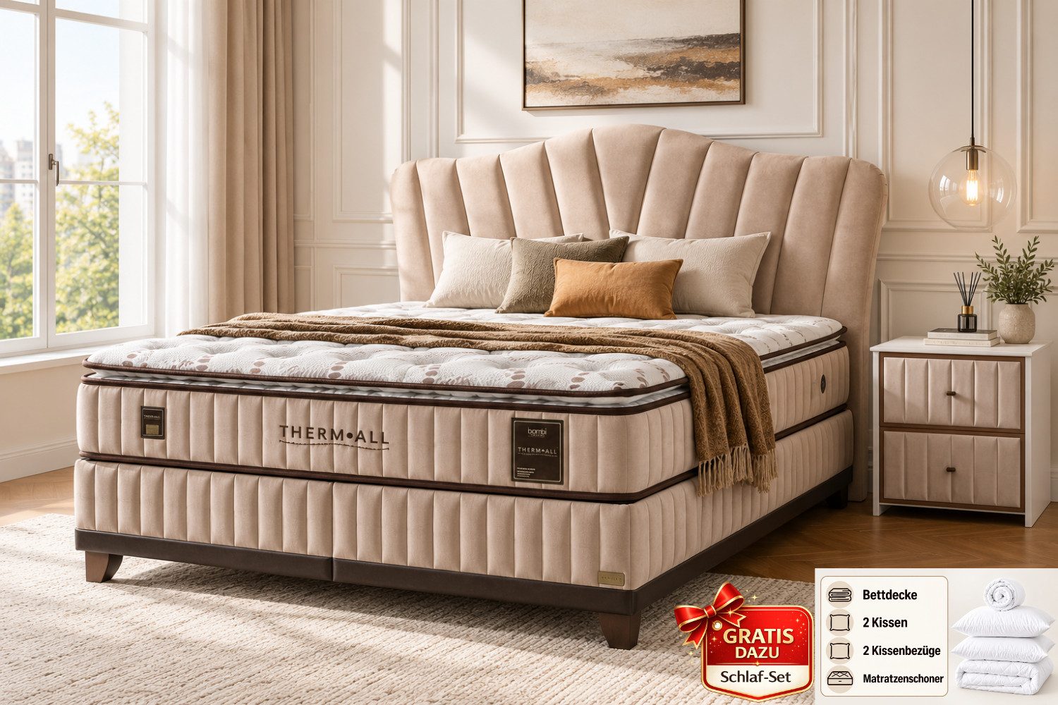 BAMBI YATAK Boxspringbett mit Bettkasten, Bambi Thermall, Bett mit Matratze, Topper, H4 / H5 (140x200 cm Bett, 1 x H4/H5 Extra Fest Matratze, 2 x Bettkasten, 1 x Bettkopfteil), Taschenfederkernsystem, Luftkapsel, Hyper-Schaum, Matratzenhöhe: 30 cm