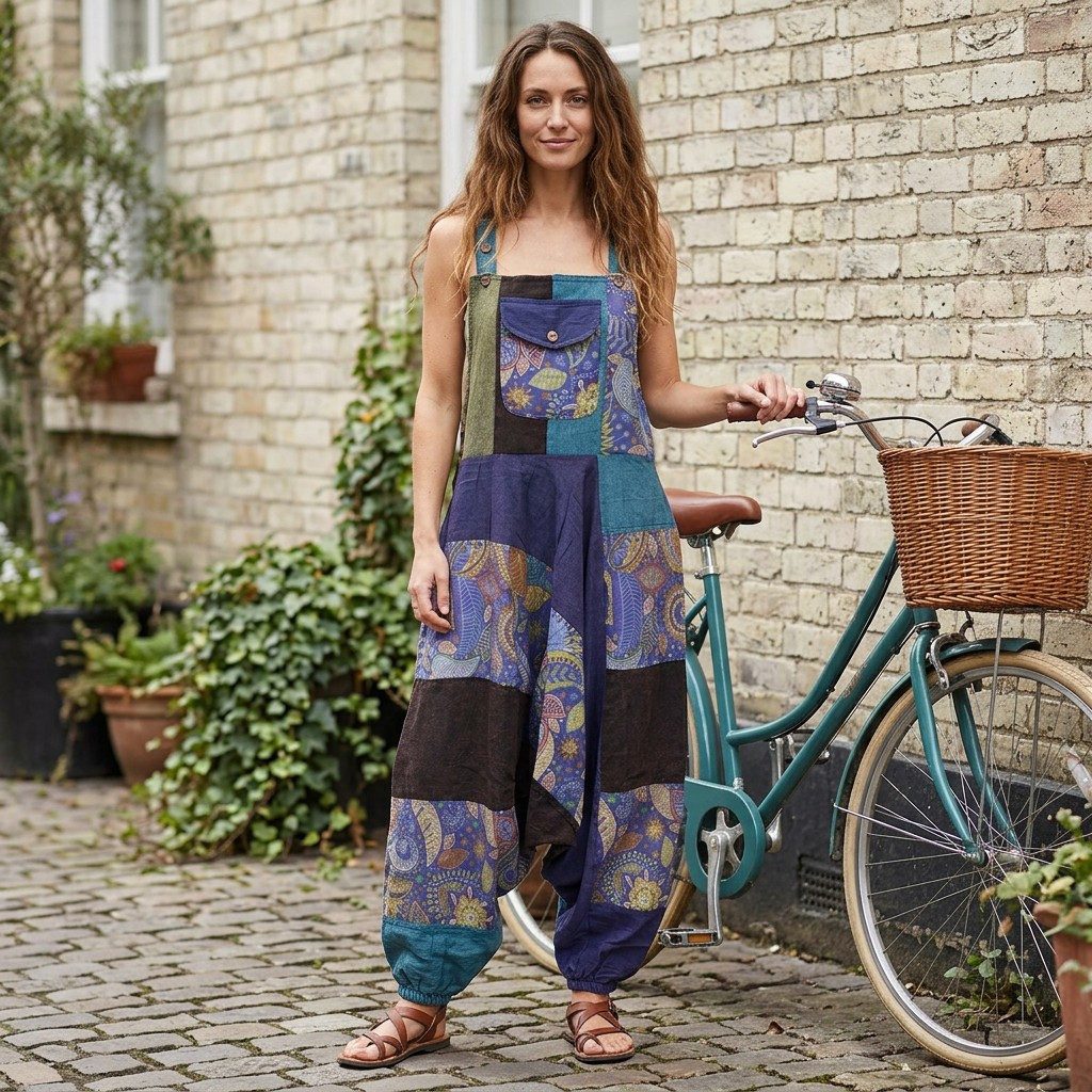 Guru-Shop Relaxhose Unikat Patchwork Boho Latzhose, bunter.. Ethno Style, alternative Bekleidung