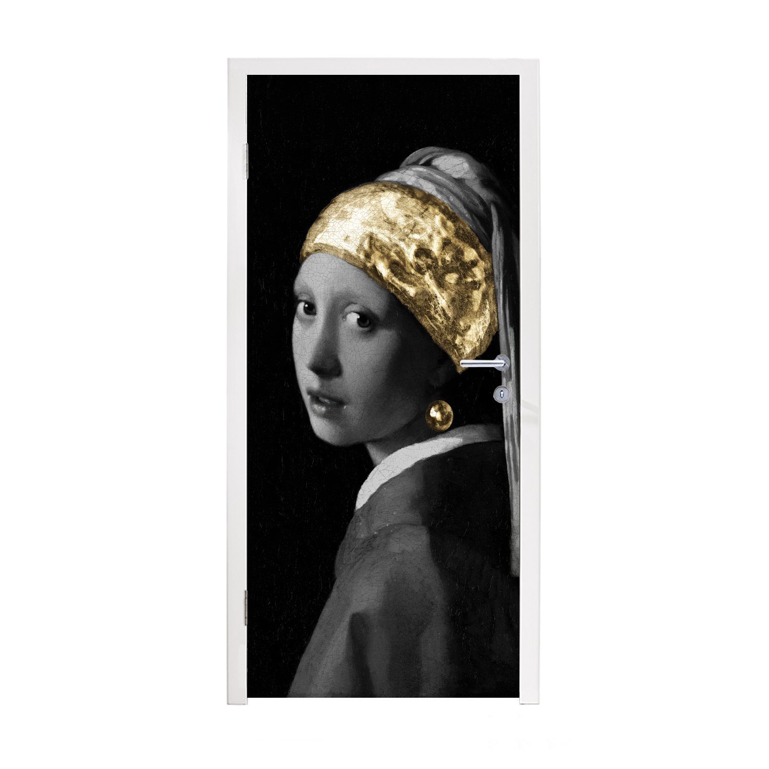 MuchoWow Türtapete Mädchen mit einem Perlenohrring - Vermeer - Gold, Matt, bedruckt, (1 St), Fototapete für Tür, Türaufkleber, 75x205 cm