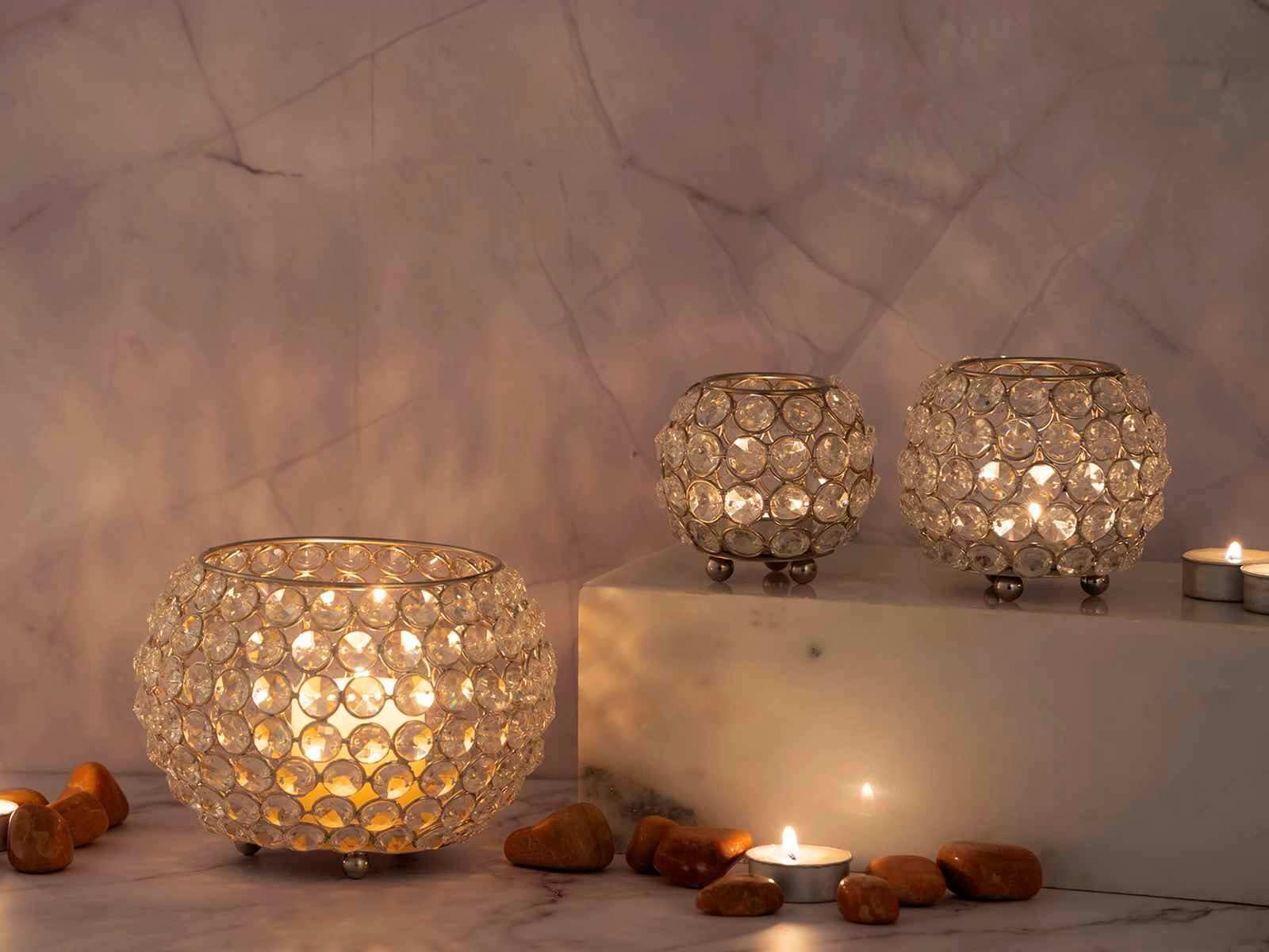 3-teilig Kerzenständer Minara Teelichthalter silber Set Kerzenhalter Kristall Kerzenhalter