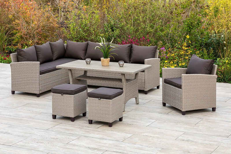 MERXX Garten-Essgruppe Palma, (5-tlg., 1x Eckbank, 2x Sessel, 2x Hocker, 1x Tisch 144x67cm, mit Kissen), pulverbeschichteter Stahl, Polyrattan