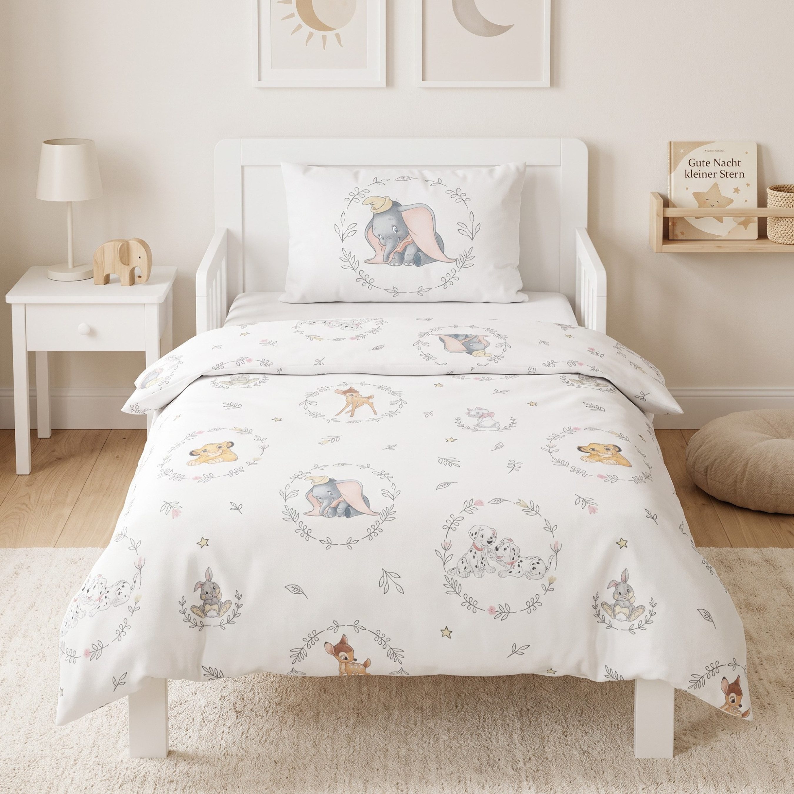 MTOnlinehandel Babybettwäsche Disney Friends 100x135 cm Flanell, Bambi & Freunde, 100% Baumwolle, 2 teilig, Wendebettwäsche mit Dumbo, Simba, Marie, Klopfer & Dalmatinern