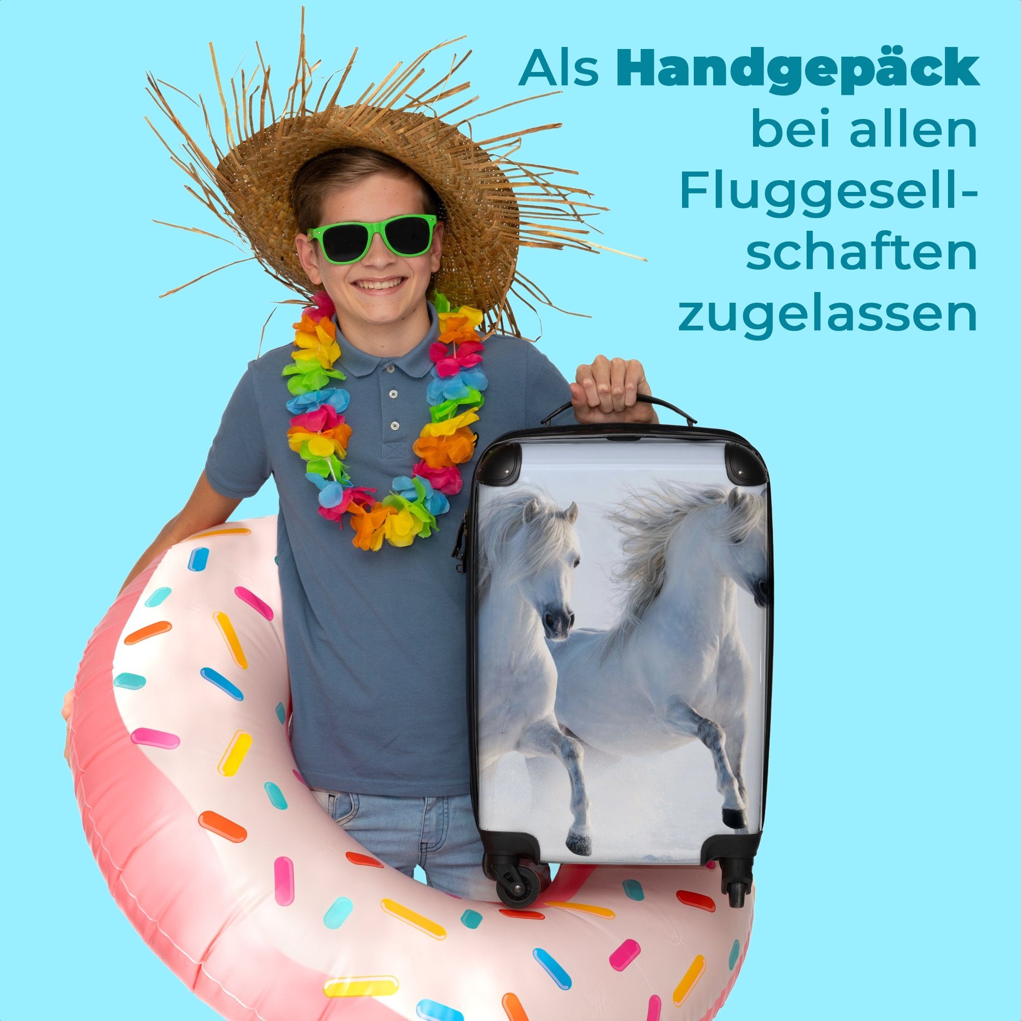 NoBoringSuitcases.com© Kinderkoffer 55x35x20cm Pferd Kindertrolley, Handgepäck - mit Ferien, - 4 Koffer Weiß für Winter Kinder, - - Rollen, Schnee rollen, Reisetasche