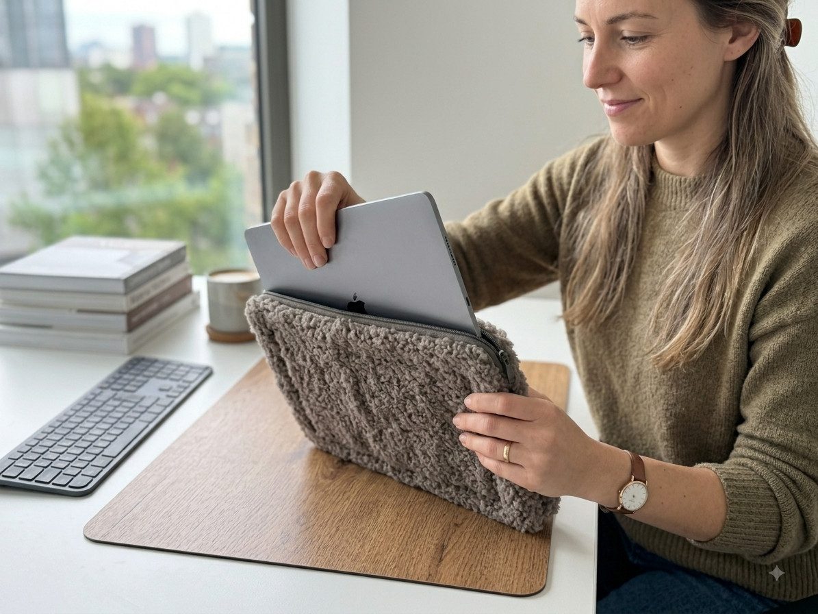 LIRA Deko Laptoptasche Hülle aus 100% Schafwolle,nachhaltiges Schutz-Sleeve, handmade, Made in Holland, optimale Passform bis 16 Zoll, Farbe: taupe