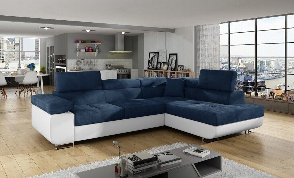 JVmoebel Ecksofa Eck Ecksofa Sofa Couch Couch, L-Form Stoff Design Made in Europe Blau/Weiß