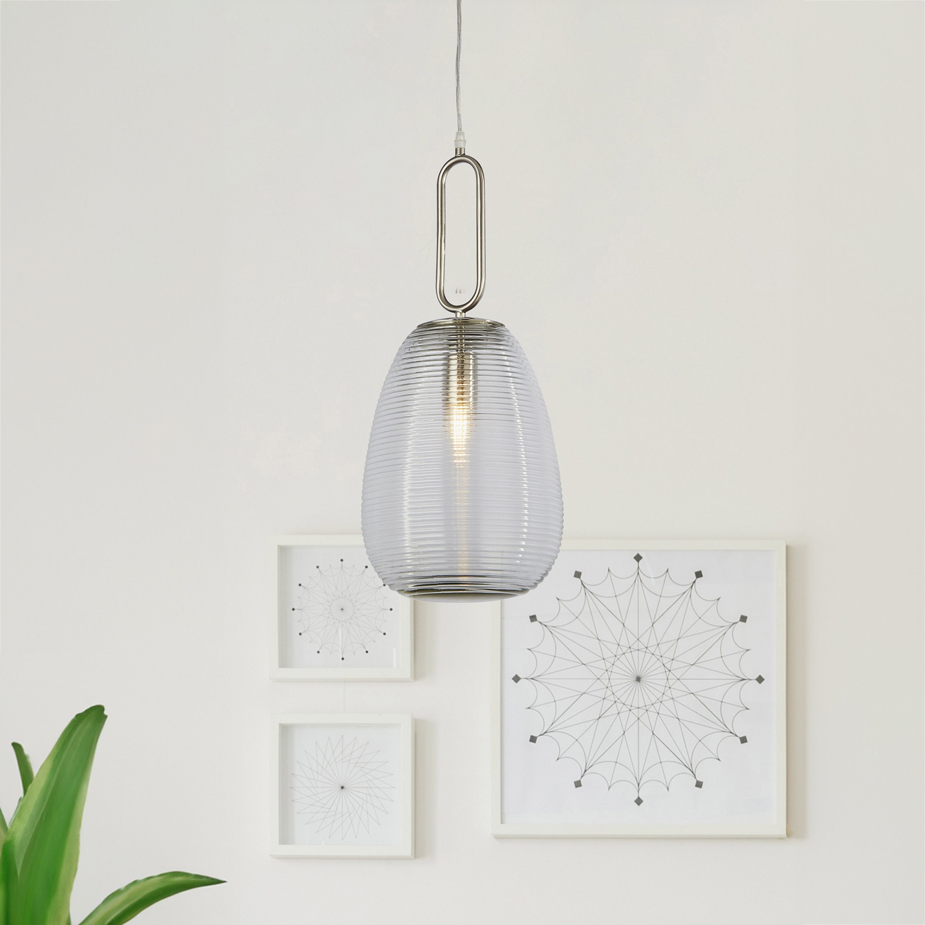 Searchlight Pendelleuchte Elixir-Pendelleuchte - Nickel und geripptes Glas, ohne Leuchtmittel