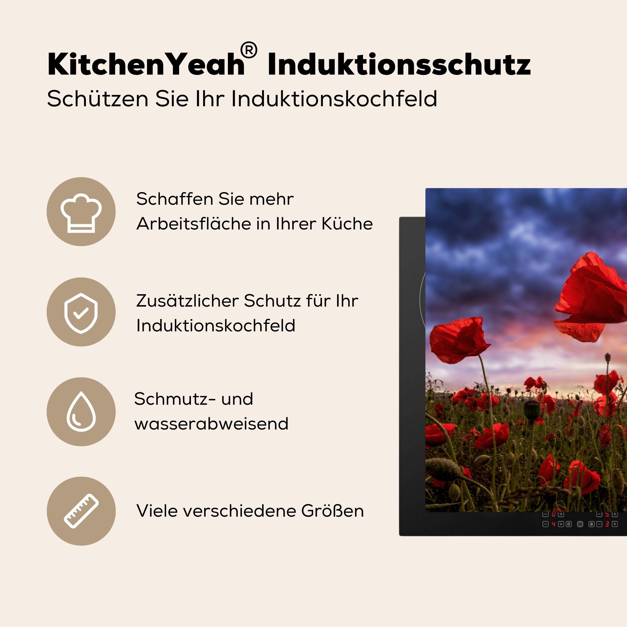 tlg), Mohn Rot, küche - - Vinyl, Herdblende-/Abdeckplatte Ceranfeldabdeckung, (1 83x51 Arbeitsplatte cm, Blumenfeld MuchoWow für