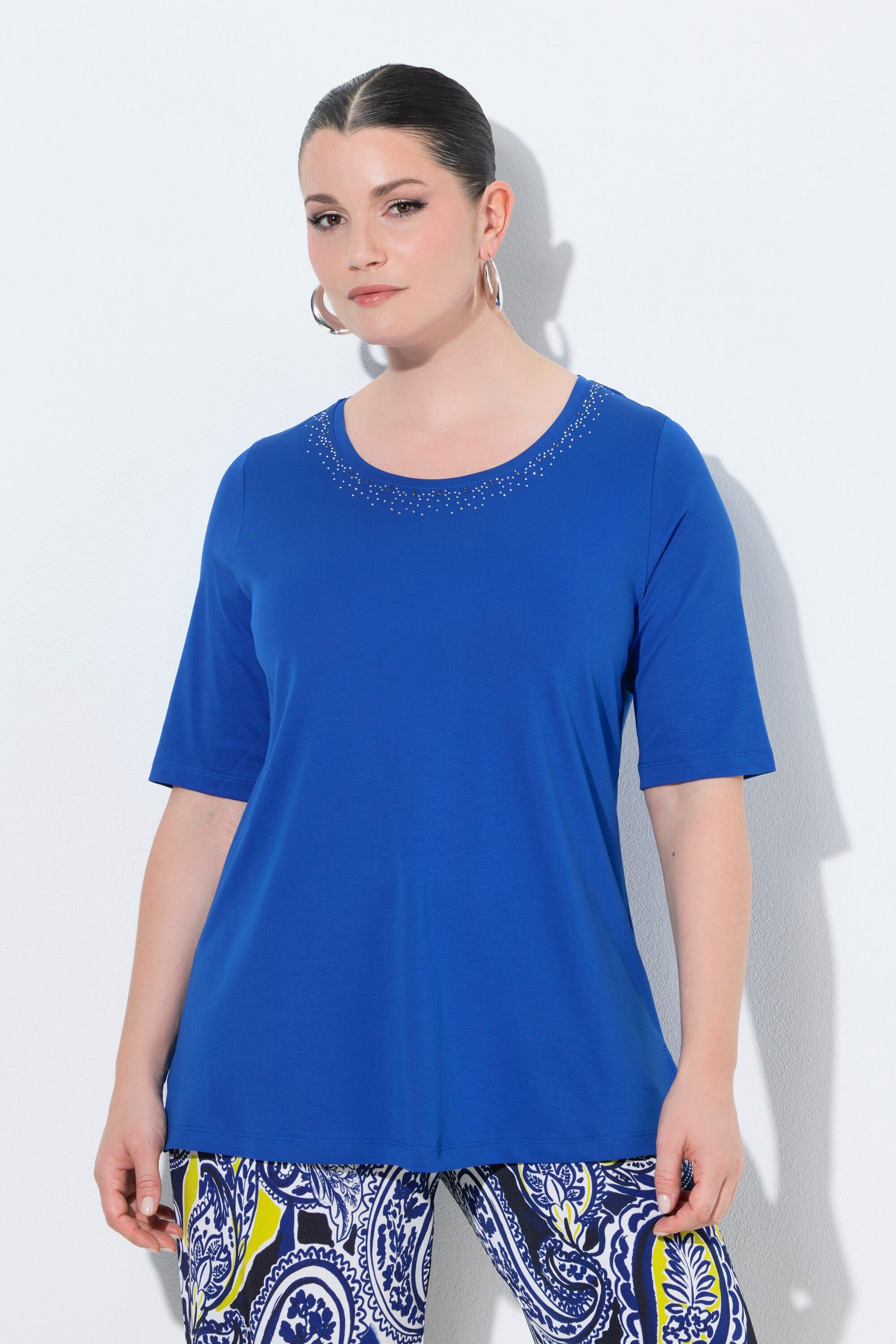 Ulla Popken T-Shirt T-Shirt Ziersteine Rundhals Halbarm Pima Cotton