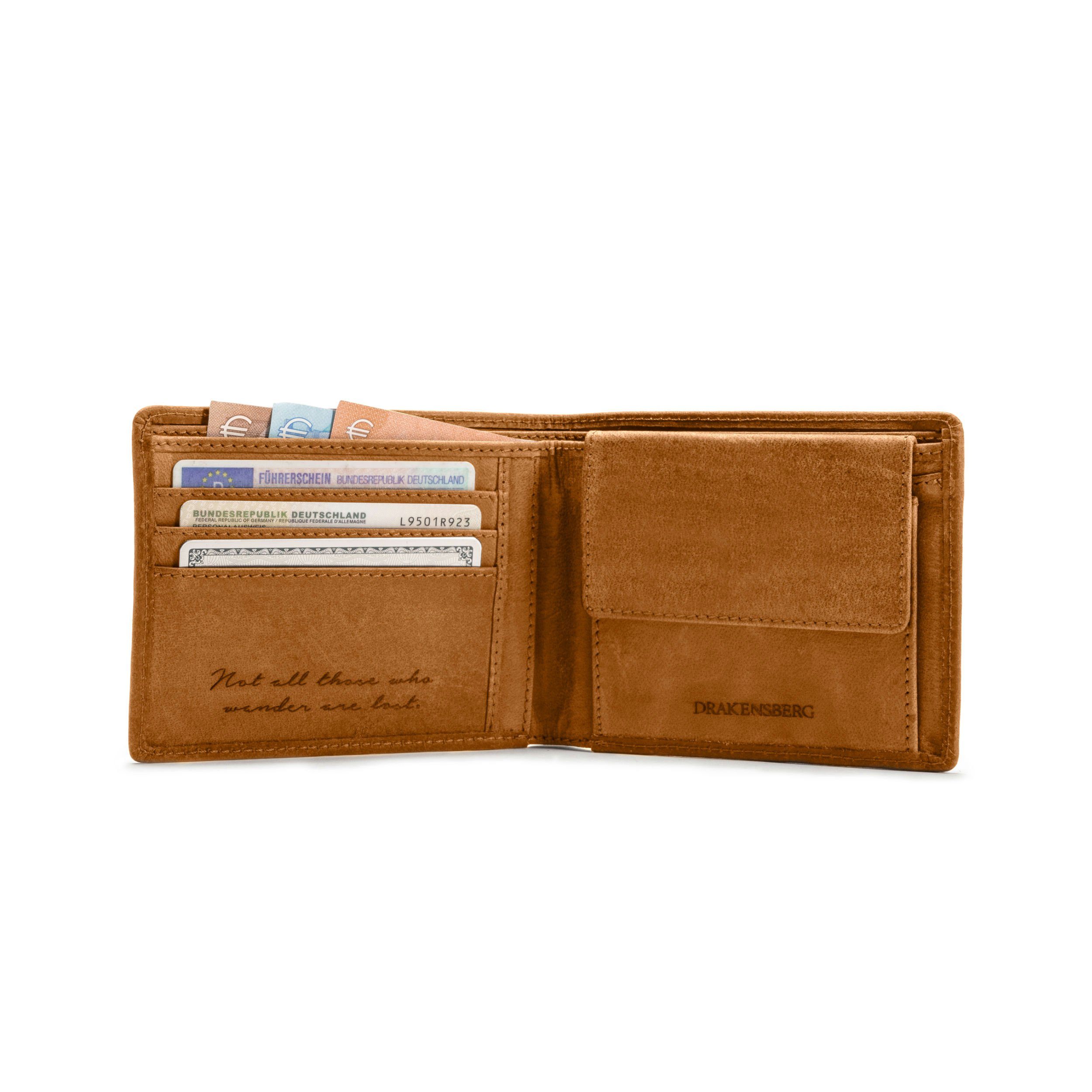 DRAKENSBERG Geldbörse »Alan« Cognac-Braun, hochwertiger Herren Geldbeutel  aus Leder mit RFID Schutz und Gravur