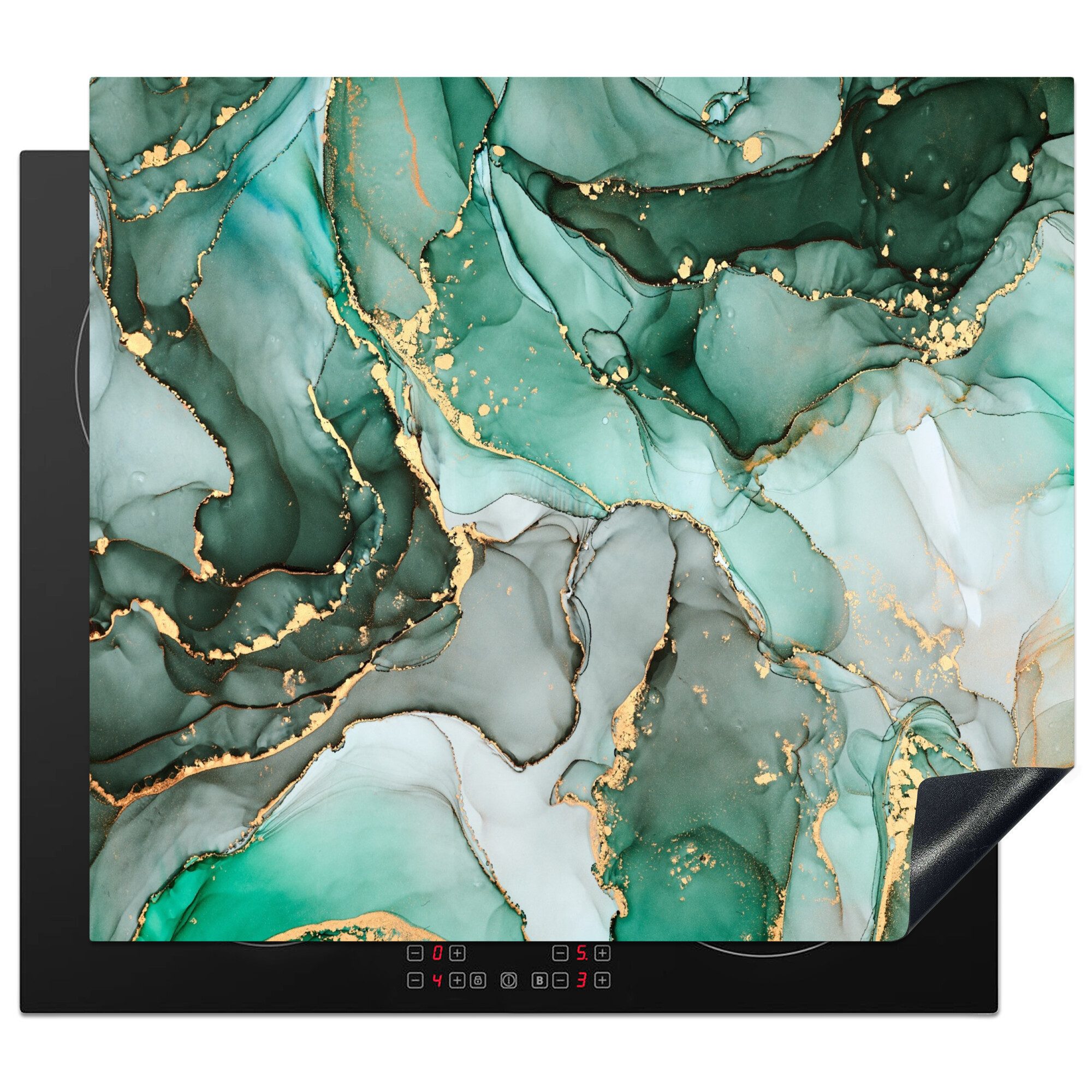 MuchoWow Herd-Abdeckplatte Gold - Marmor - Grün - Luxus - Marmoroptik/print - Grau, Vinyl, (1 tlg), Abdeckplatte für Ceranfeld, Herd Inductionsmatte, 60x50 cm