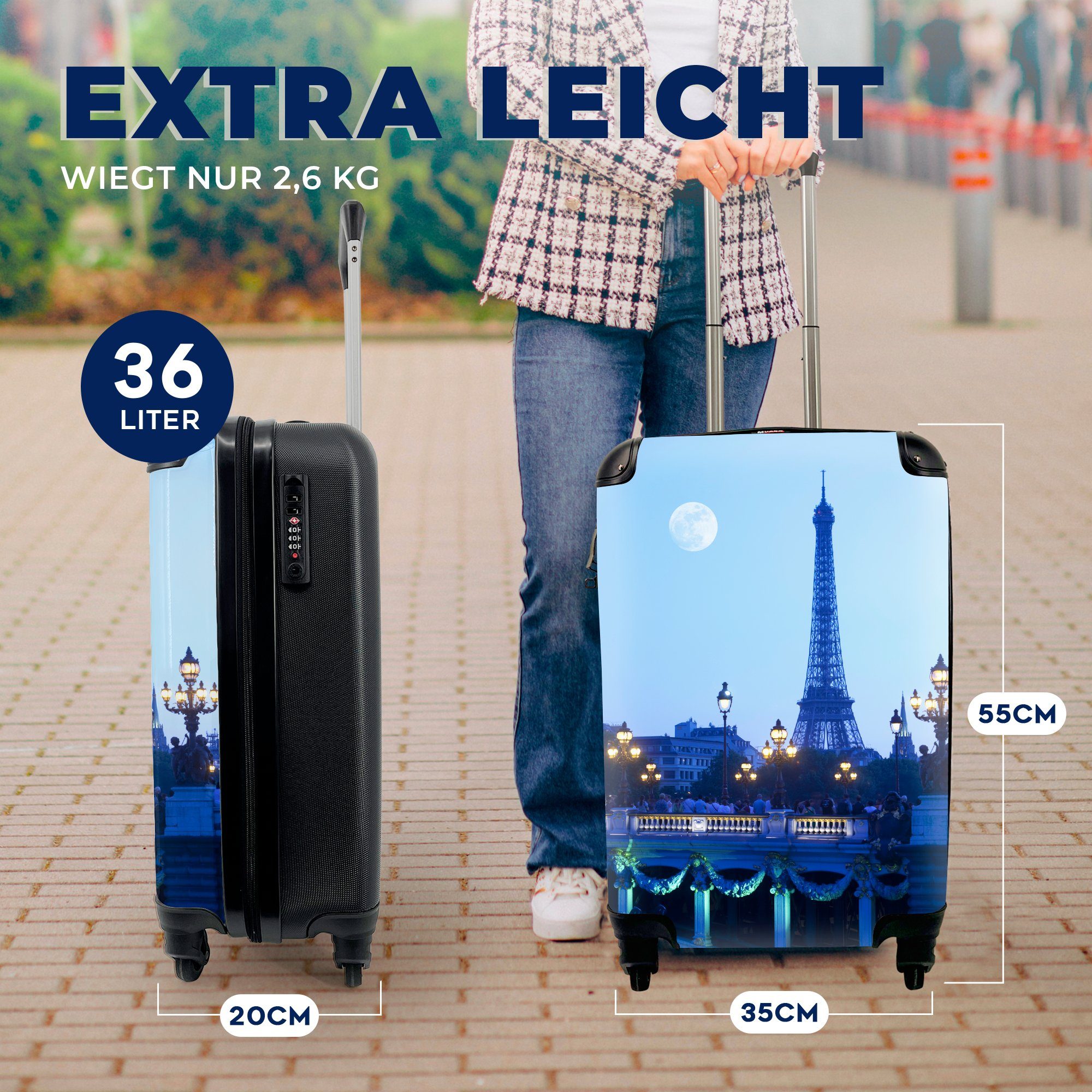 MuchoWow Handgepäckkoffer Eiffelturm - Mond 4 Handgepäck Reisetasche Ferien, - mit Reisekoffer Paris, Trolley, Rollen, rollen, für