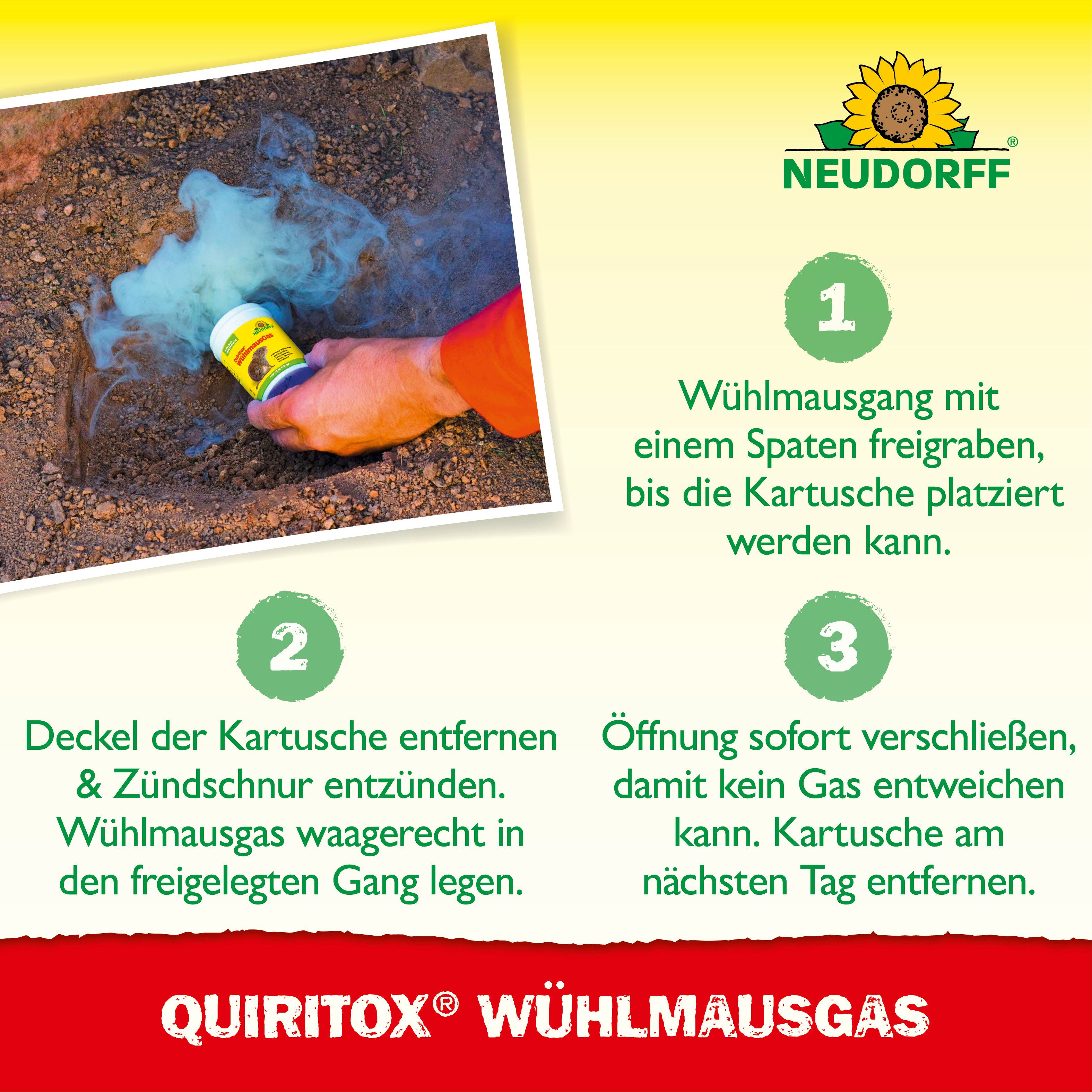 Neudorff Vergrämungsmittel Quiritox WühlmausGas, 2 Kartuschen für bis zu 40 m Gangsystem, 1-St., Rauchkartuschen mit Geraniol zur Vertreibung von Wühlmäusen, Ra – Bild 5 von 5
