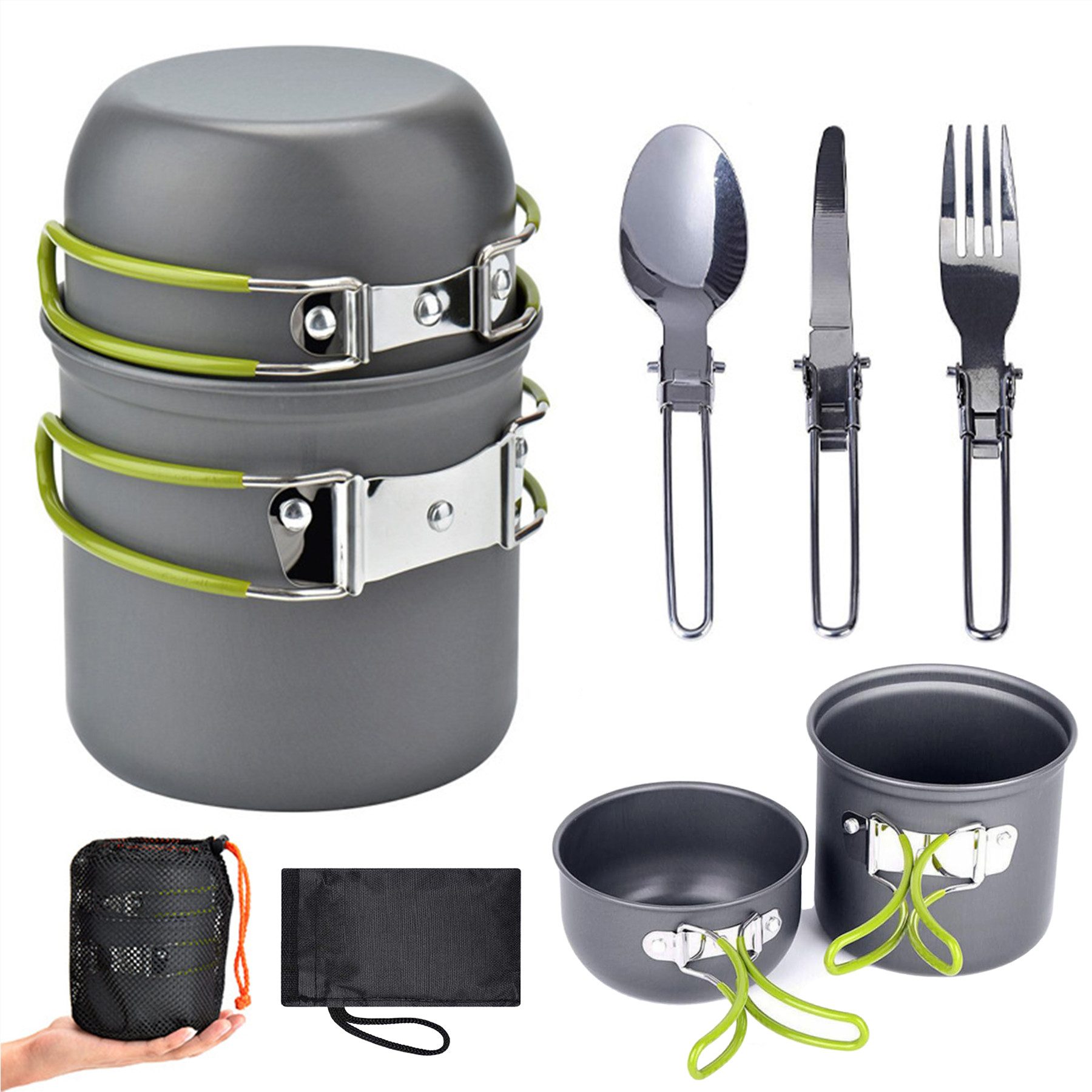 Mutig Geschirr-Set Camping Kochgeschirr Set, Topf Outdoor mit Faltbarer Messer Gabel, 2 Personen, Ungiftig, geruchlos, hohe Härte und umweltfreundlich