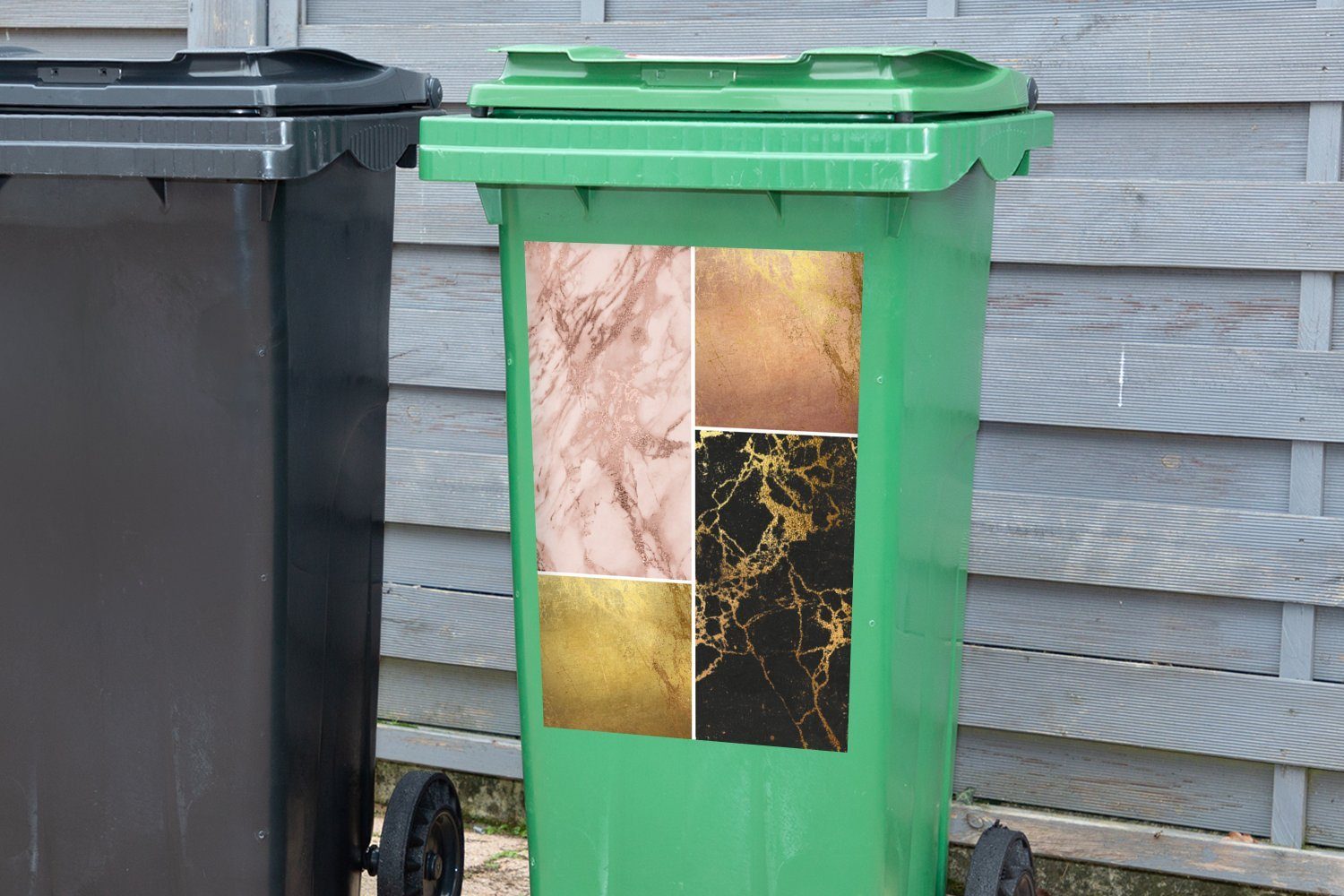 Collage - Mülltonne, MuchoWow St), Mülleimer-aufkleber, Marmor - Container, Wandsticker Gold Abfalbehälter (1 Sticker,