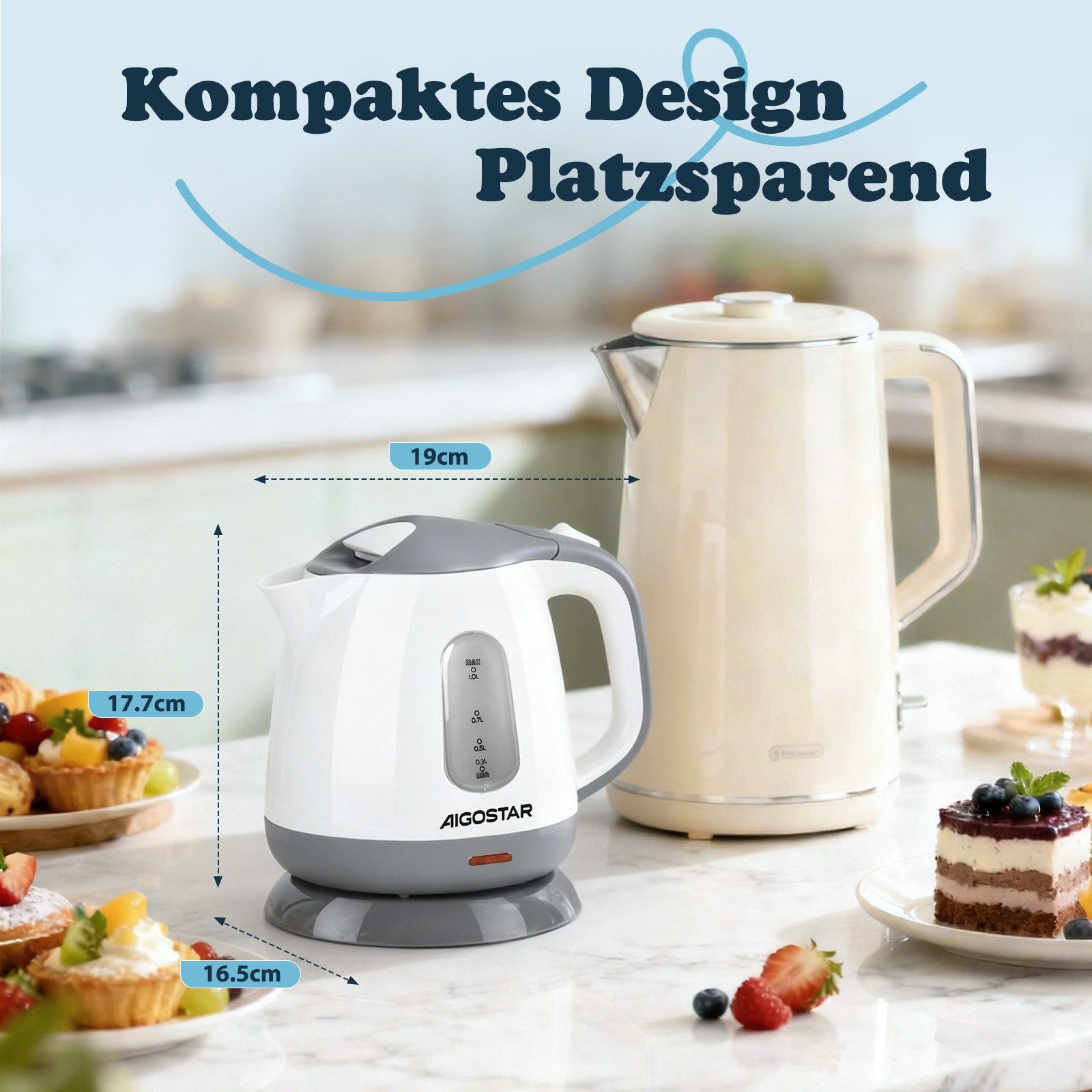Aigostar Wasserkocher Mini Wasserkocher Klein 1L, Reisewasserkocher mit Abnehmbarer Filter, 1 l, 1100,00 W, BPA-Frei, Niedriger Stromverbrauch, Kompakt & Leicht, für Reisen