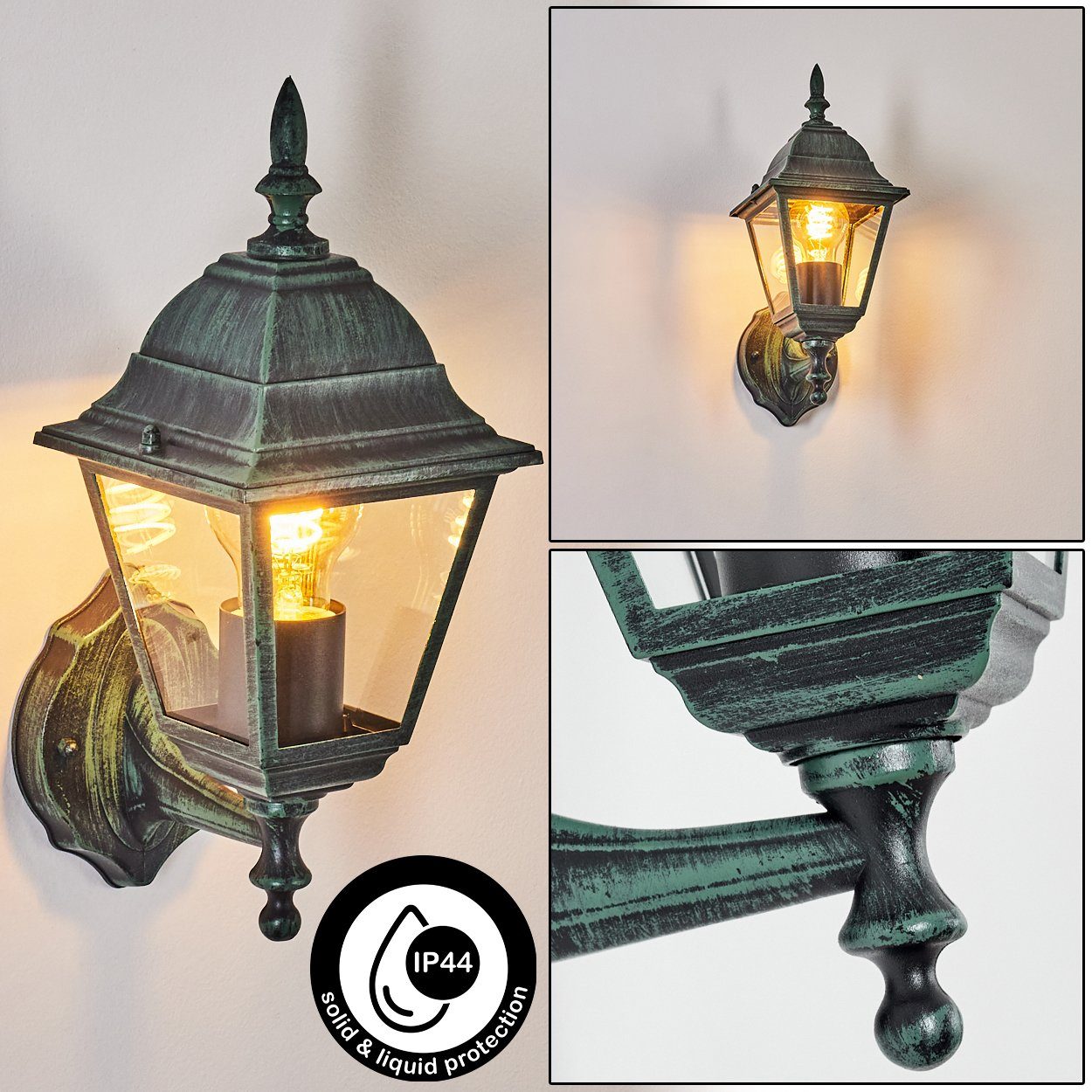 hofstein Außen-Wandleuchte Wandlampe in antikem Look aus Metall/Glas in Schwarz-Grün/Klar, ohne Leuchtmittel, im klassischen Landhaus-Stil, Außenleuchte für Terrasse, 1x E27, IP44