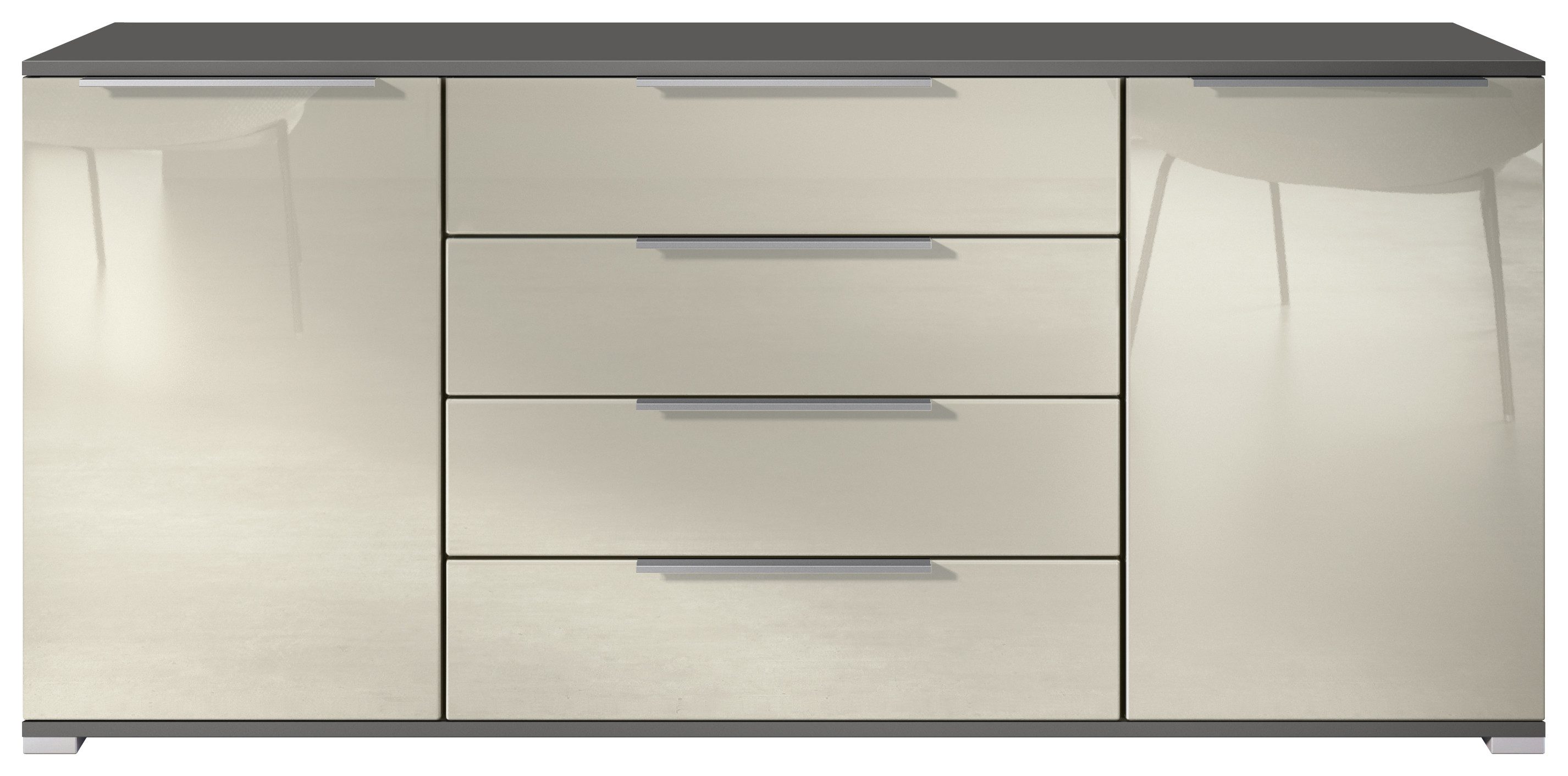 Vladon Sideboard Linio V2 (Moderne Kommode, mit 2 Türen & 4 Schubladen), Anthrazit matt/Creme Hochglanz, 166,5 x 75,5 x 35 cm (BxHxT)