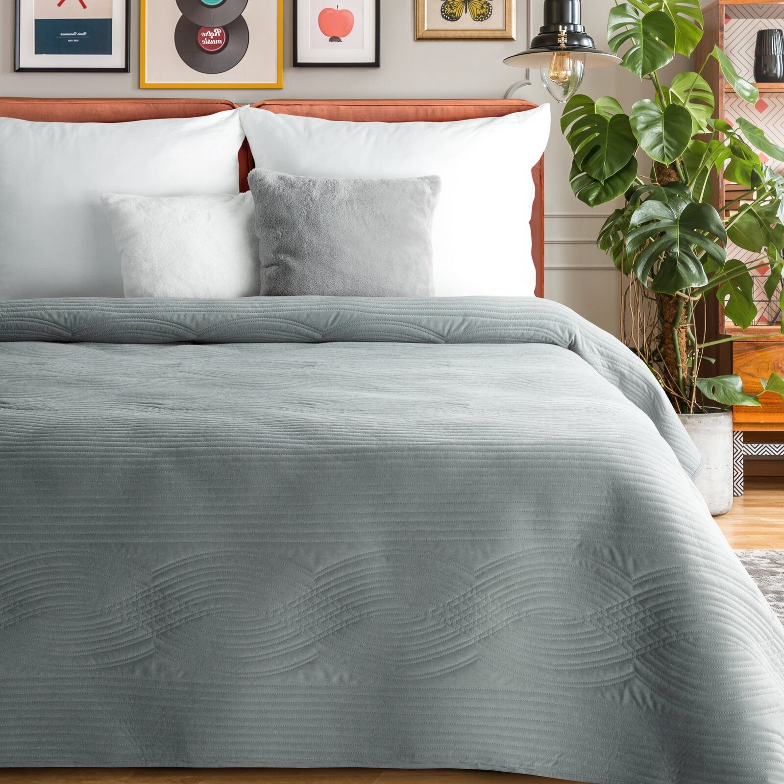 Eurofirany Tagesdecke VELVET, Steppdecke Samtdecke Karomuster Weicher Überwurf Velours