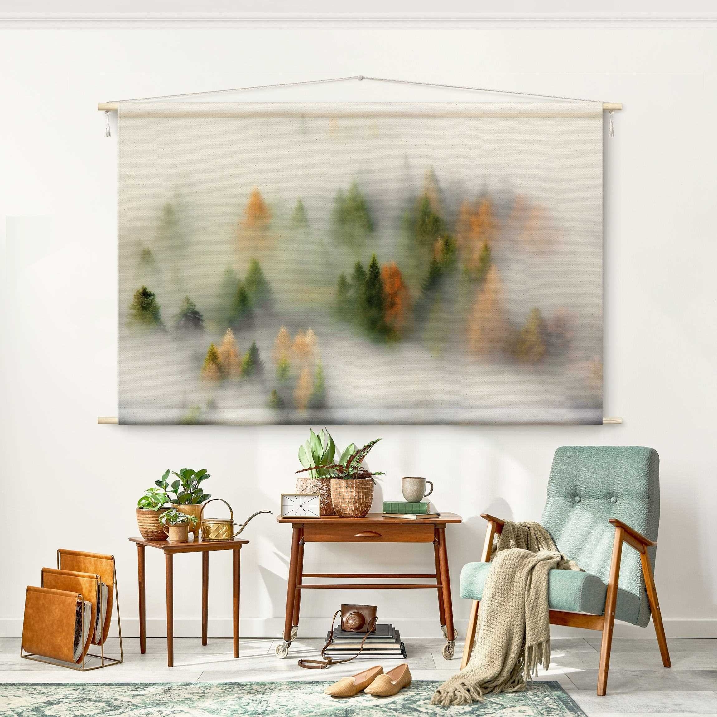 Bilderdepot24 Wandteppich modern Wald Natur grau, rechteckig, Höhe: 2.6 mm, großes Wandbild aus Natur-Baumwolle Wandbehang Stoffbild Tuch Wollseil